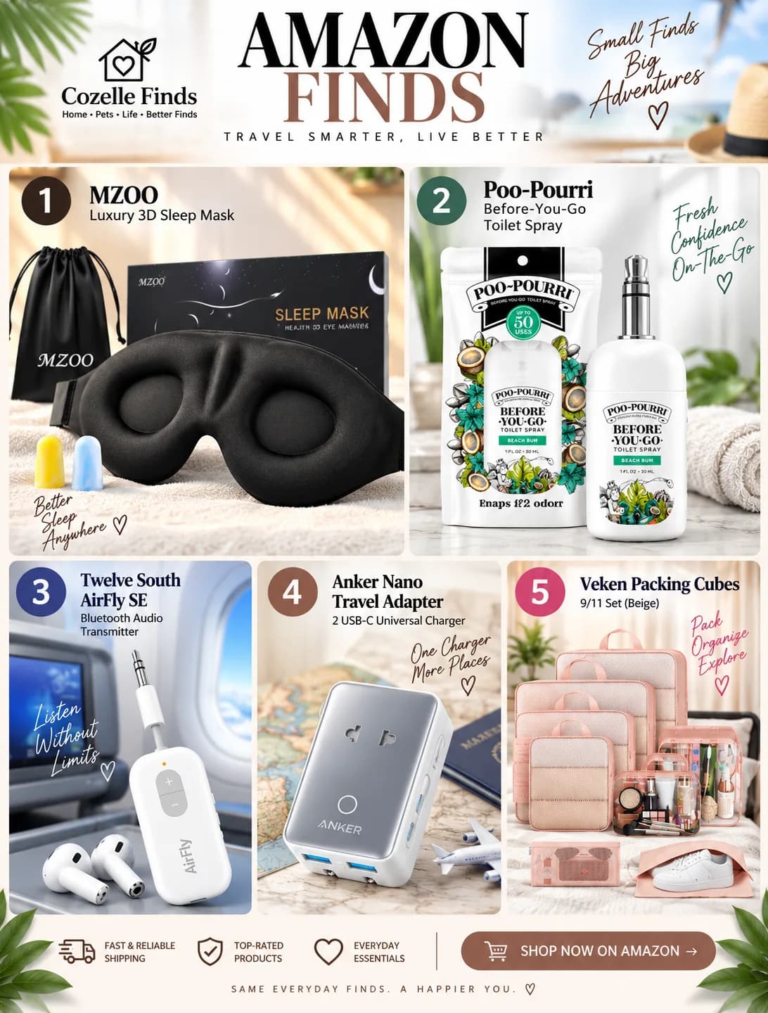 Travel smarter, pack better, and make your next trip a little easier. ✈️🤍 These 5 Amazon travel finds are perfect for better rest, staying fresh, enjoying your entertainment, convenient charging, and keeping your luggage organized. 🖤 MZOO 3D Sleep Mask 🌴 Poo-Pourri Travel Spray 🎧 Twelve South AirFly SE 🔌 Anker Nano Travel Adapter 🧳 Veken Compression Packing Cubes Which one would you bring on your next trip? 👀✈️ Shop these Amazon travel finds & get travel-ready! 🛍️