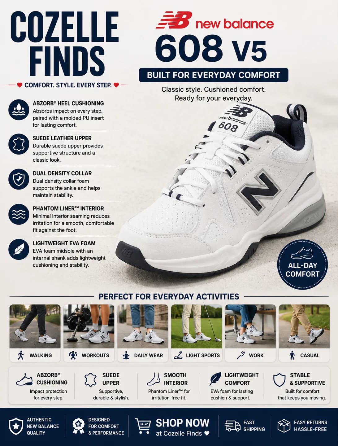 Supportive suede, ABZORB heel cushioning, and lightweight EVA foam for versatile everyday comfort.