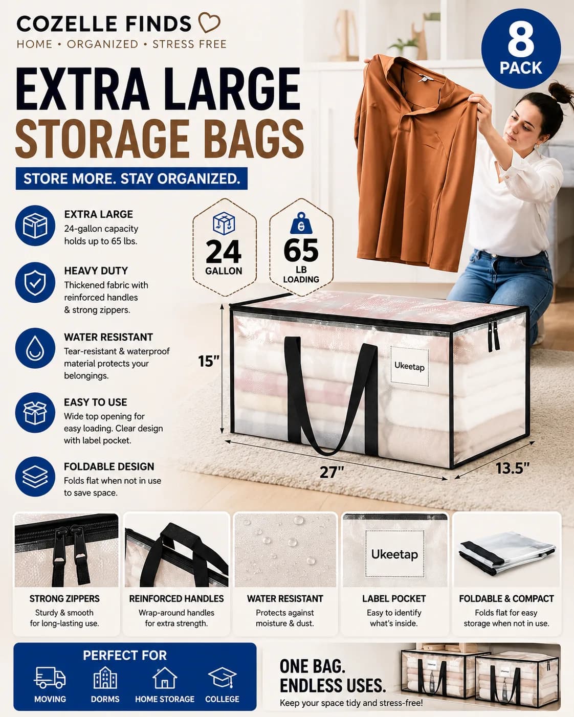 Store more without creating more clutter. These extra-large storage bags are perfect for bedding, clothes, blankets, and seasonal items.