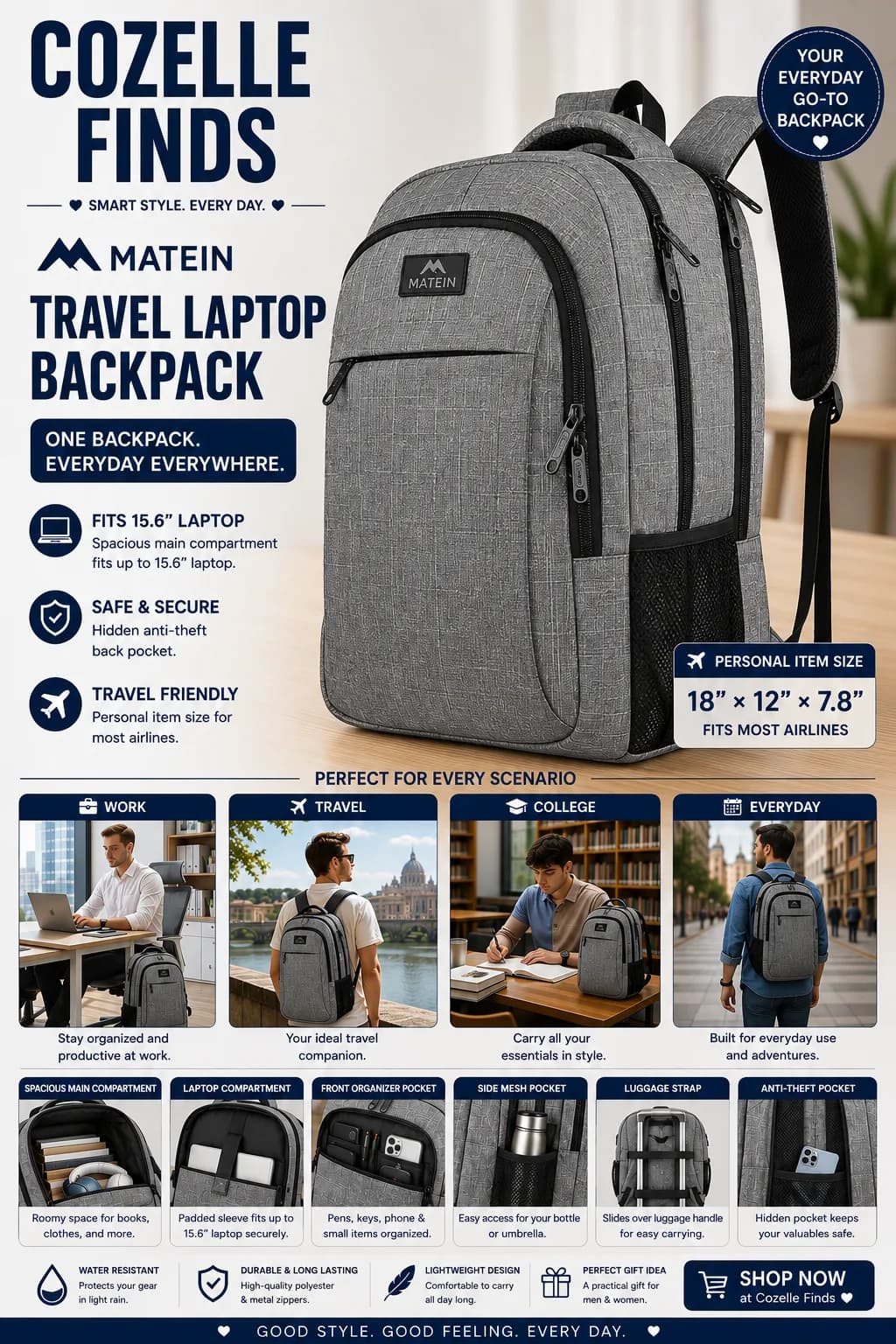 A practical everyday backpack with organized storage, a 15.6-inch laptop compartment, luggage strap, hidden anti-theft back pocket, and comfortable padded support.