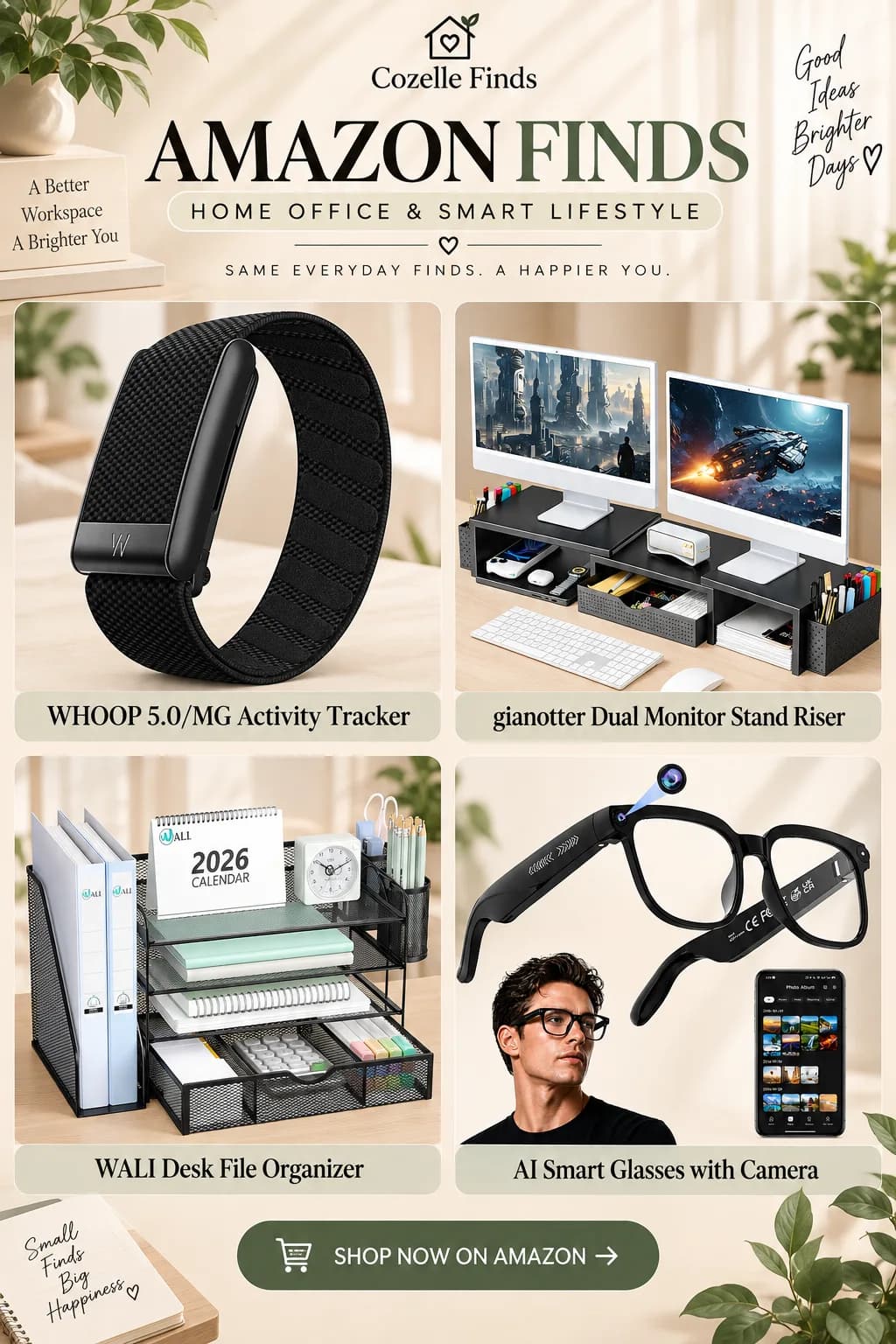 Discover these smart workspace and lifestyle finds featuring WHOOP 5.0/MG Activity Tracker, gianotter Dual Monitor Stand Riser, WALI Desk File Organizer, and AI Smart Glasses with Camera. SHOP NOW — CHECK THE LINK IN BIO OR COMMENTS!