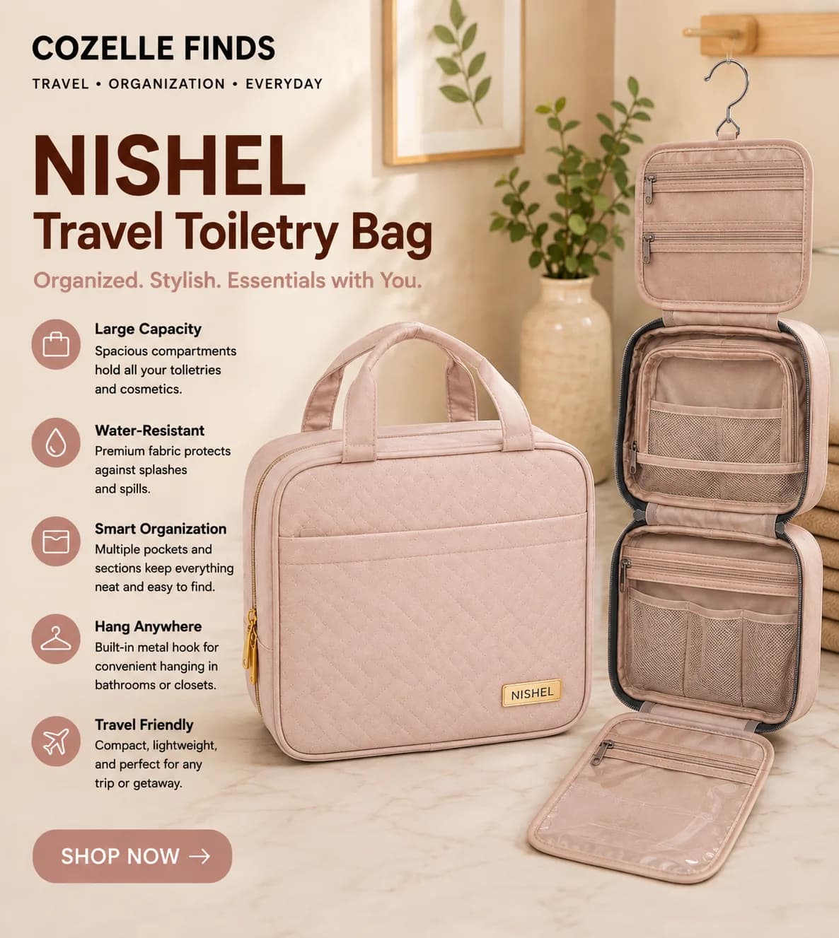 Travel beautifully. Stay organized. βοΈπ€ The NISHEL Travel Toiletry Bag keeps your skincare, toiletries, makeup, and travel essentials neatly organized in one stylish bag. β¨ Multiple compartments β¨ Hanging design β¨ Easy-access organization β¨ Travel-friendly β¨ Perfect for your next getaway Less digging. More organized mornings. π€ Shop the find β Cozelle Finds