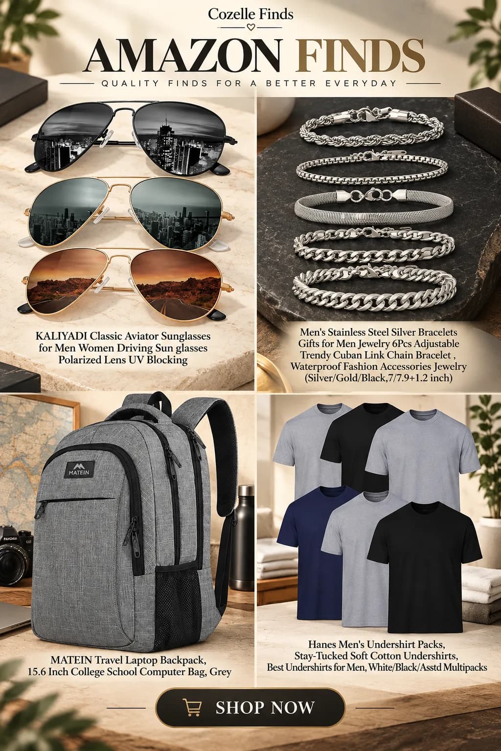 Discover these men’s Amazon finds featuring KALIYADI Classic Aviator Sunglasses, Men's Stainless Steel Silver Bracelets, MATEIN Travel Laptop Backpack, and Hanes Men's Undershirt Packs. SHOP NOW — CHECK THE LINK IN BIO OR COMMENTS!