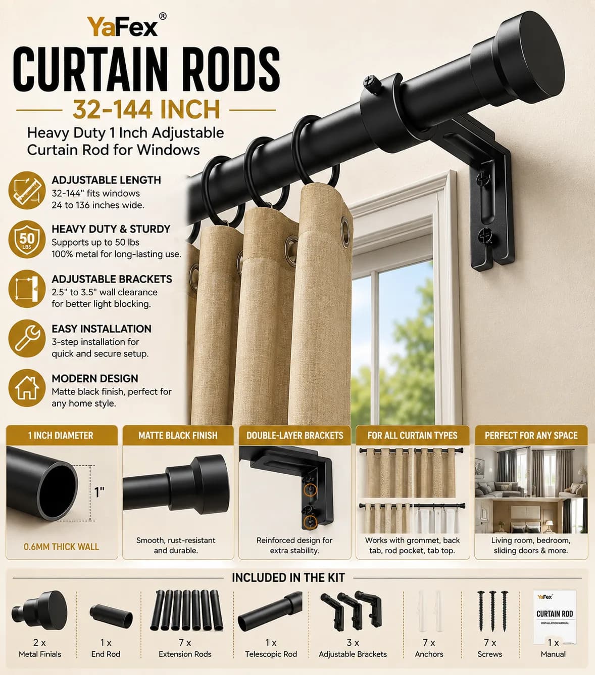 Adjustable, durable, and designed for versatile window treatments. The YaFex Curtain Rod extends from 32β144 inches, supports up to 50 pounds, and features 100% high-strength metal construction with a modern matte black finish.