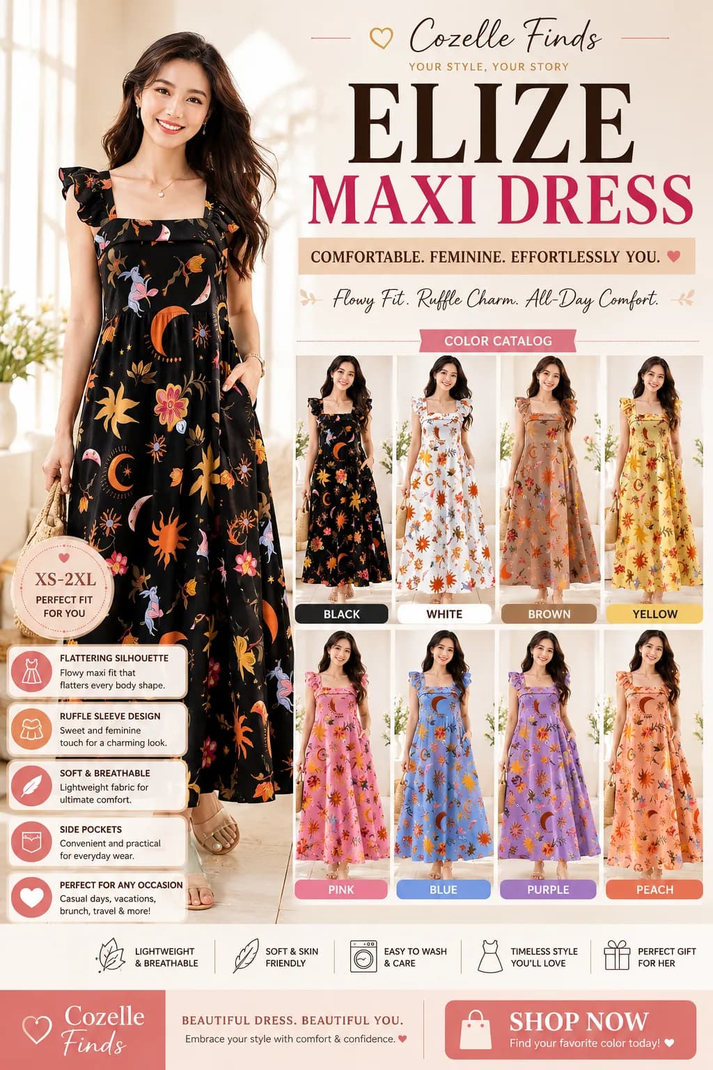 ✨ One dress,8 beautiful colors! The Elize Maxi Dress is made for effortless feminine style. Featuring a flattering flowy fit, charming ruffle sleeves, beautiful celestial floral prints,and convenient side pockets. 🌸 Flowy and comfortable 💕 Feminine ruffle details 👗 Flattering maxi silhouette 👜 Practical side pockets 🎨 Available in 8 gorgeous colors Perfect for casual days,brunch,travel,vacations,and everyday outfits. Which color is your favorite? 💖 ✨ Find your perfect color and elevate your everyday style!