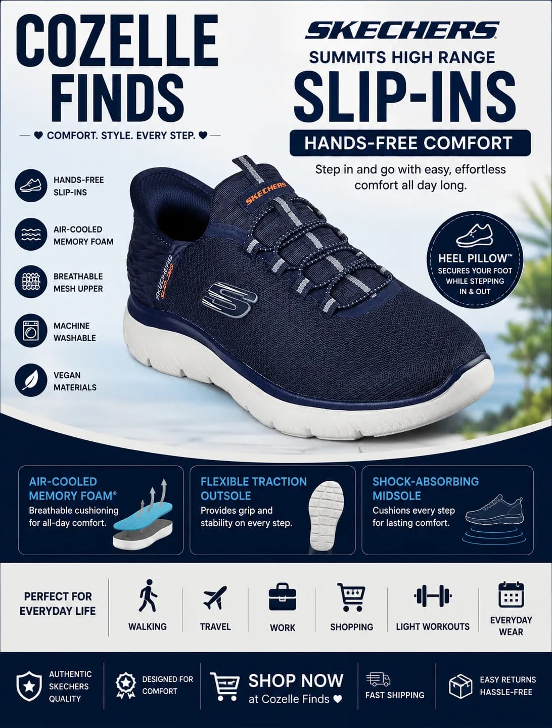Easy to slip on, breathable, cushioned, and designed for everyday comfort. π