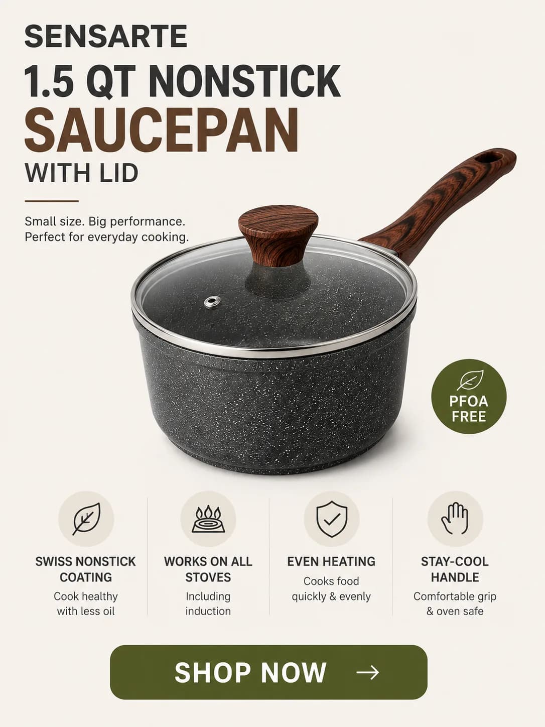 A versatile 1.5-quart saucepan designed for small portions of soup, sauces, oatmeal, and grains. Features Swiss ILAG nonstick granite coating, a tempered glass lid, stay-cool woodgrain bakelite handle, and compatibility with all cooktops including induction. Perfect for 1β2 people and everyday cooking. π SHOP NOW & Upgrade Your Kitchen Cooking Essentials!