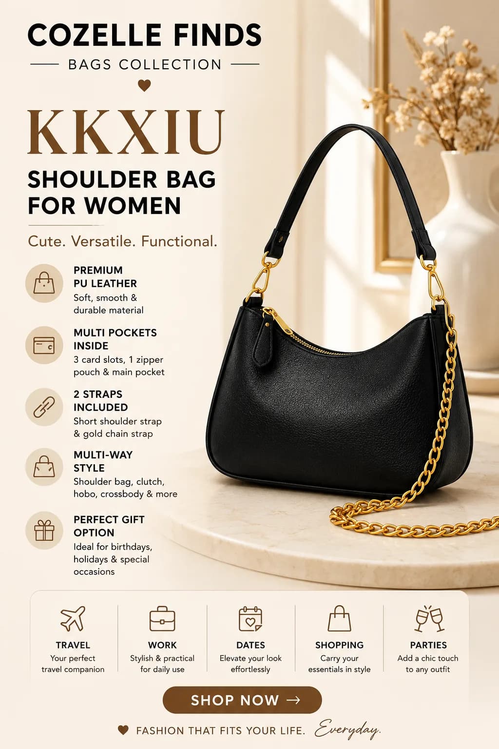 One bag, so many looks. 👜 This stylish KKXIU shoulder bag features a spacious interior, card slots, zipper pocket, removable shoulder strap, and gold chain strap. Wear it as a shoulder bag, hobo, clutch, or crossbody for work, travel, dates, and everyday outings.
