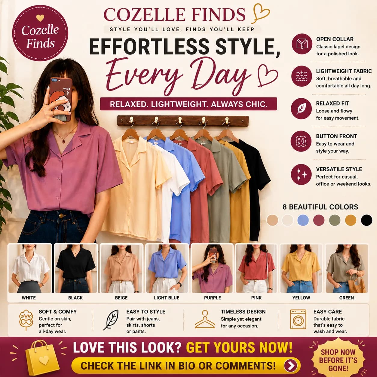 Effortless style for every day π€β¨ This womenβs short-sleeve collared shirt features a classic button-front design, relaxed fit, and lightweight feel. Easy to pair with jeans, skirts, shorts, or trousers for casual, office, summer, and everyday looks.