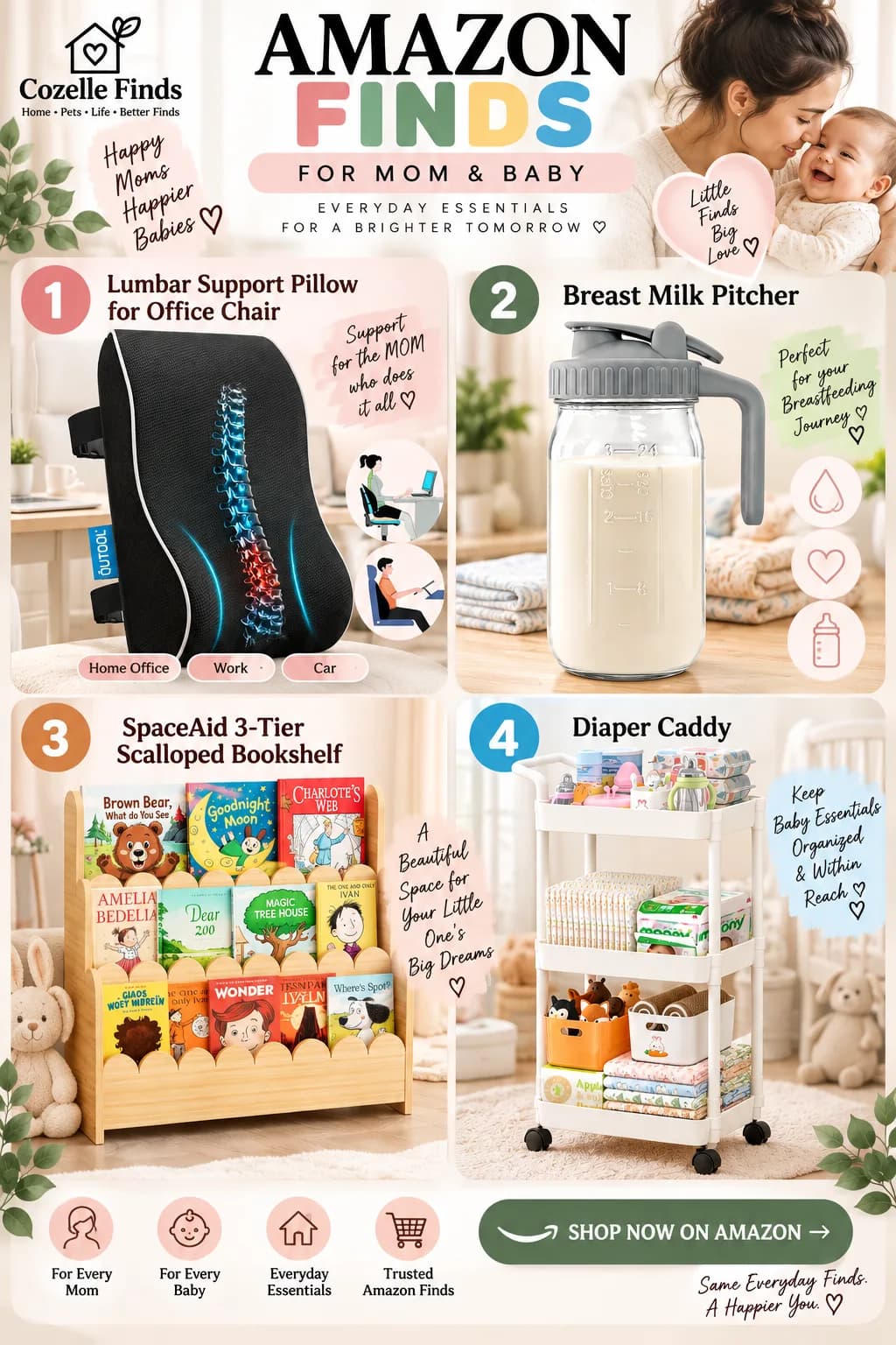 Discover these Mom & Baby Finds featuring a Lumbar Support Pillow for Office Chair, Breast Milk Pitcher, SpaceAid 3-Tier Scalloped Bookshelf, and Diaper Caddy. SHOP NOW β CHECK THE LINK IN BIO OR COMMENTS!