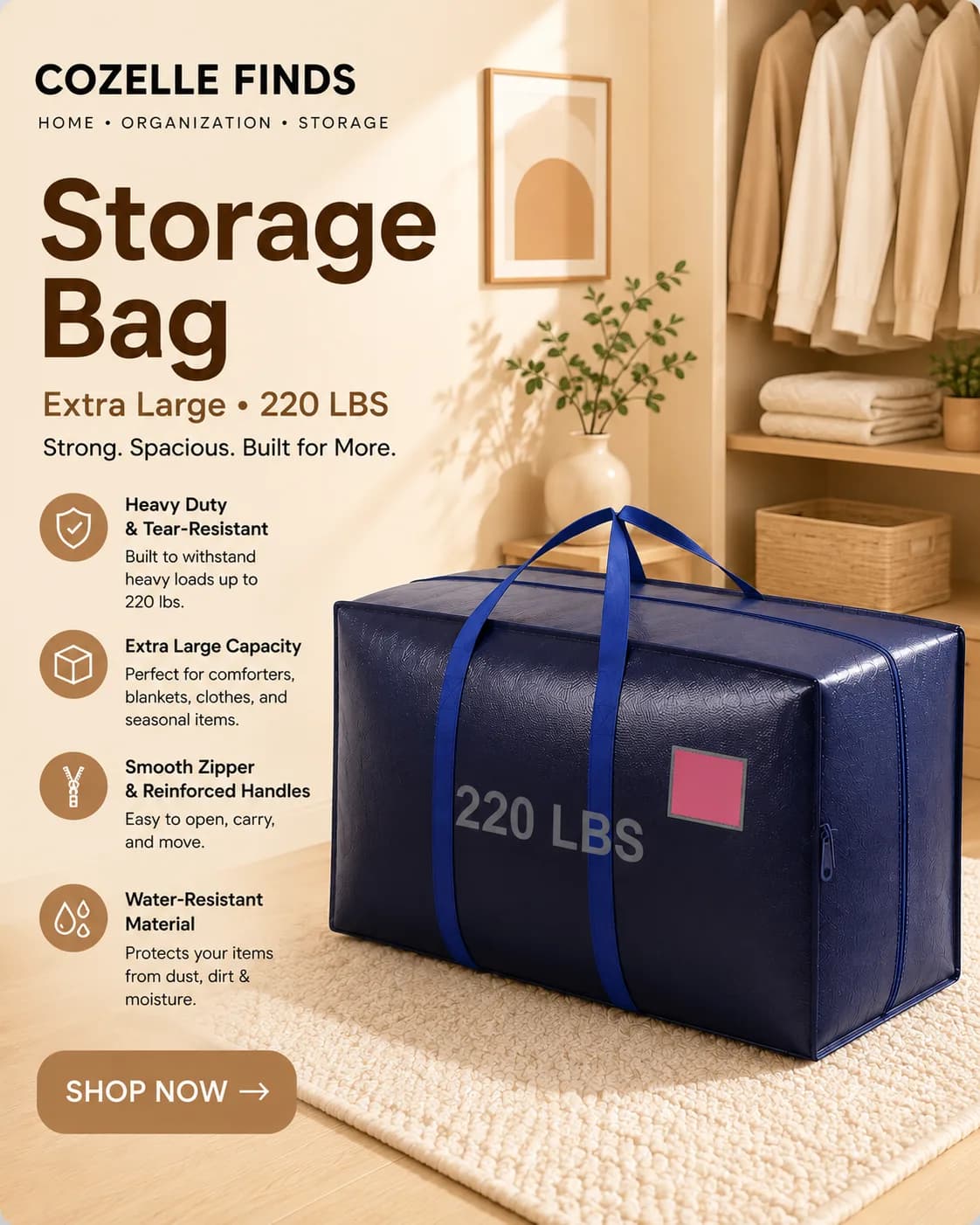 Big storage problems? Meet your new storage solution. π€ This extra-large storage bag is made for the things that are too bulky for ordinary organizers. π¦ Extra-large capacity πͺ Heavy-duty design π§Ί Great for blankets & bedding π Perfect for seasonal clothing π΅ Reinforced handles for easier moving Store more. Organize better. Clear the clutter. Shop the find β Cozelle Finds