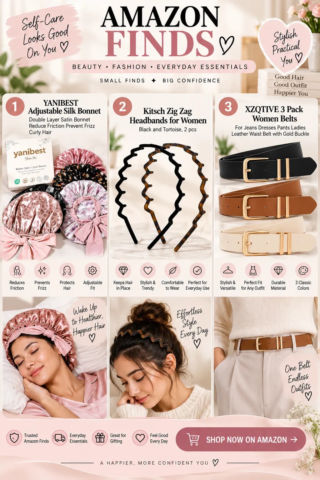 Discover these everyday women’s finds featuring YANIBEST Adjustable Silk Bonnet, Kitsch Zig Zag Headbands for Women, and XZQTIVE 3 Pack Women Belts. SHOP NOW — CHECK THE LINK IN BIO OR COMMENTS!