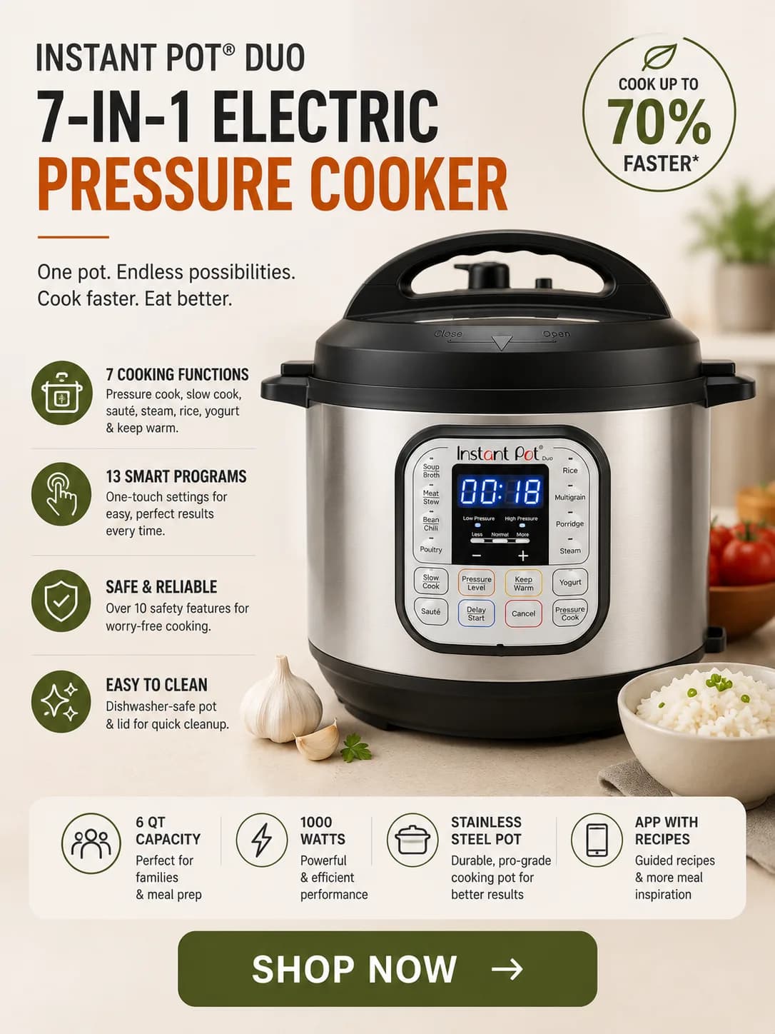 Simplify family meals with the Instant Pot Duo 6 Qt 7-in-1 Electric Pressure Cooker. Pressure cook, slow cook, sautΓ©, steam, cook rice, make yogurt, or keep meals warmβall in one appliance. Features 13 customizable one-touch smart programs, a 6-quart capacity for up to 6 servings, and a stainless steel 18/8 cooking pot with a tri-ply bottom. π SHOP NOW & Make Family Meals Easier!