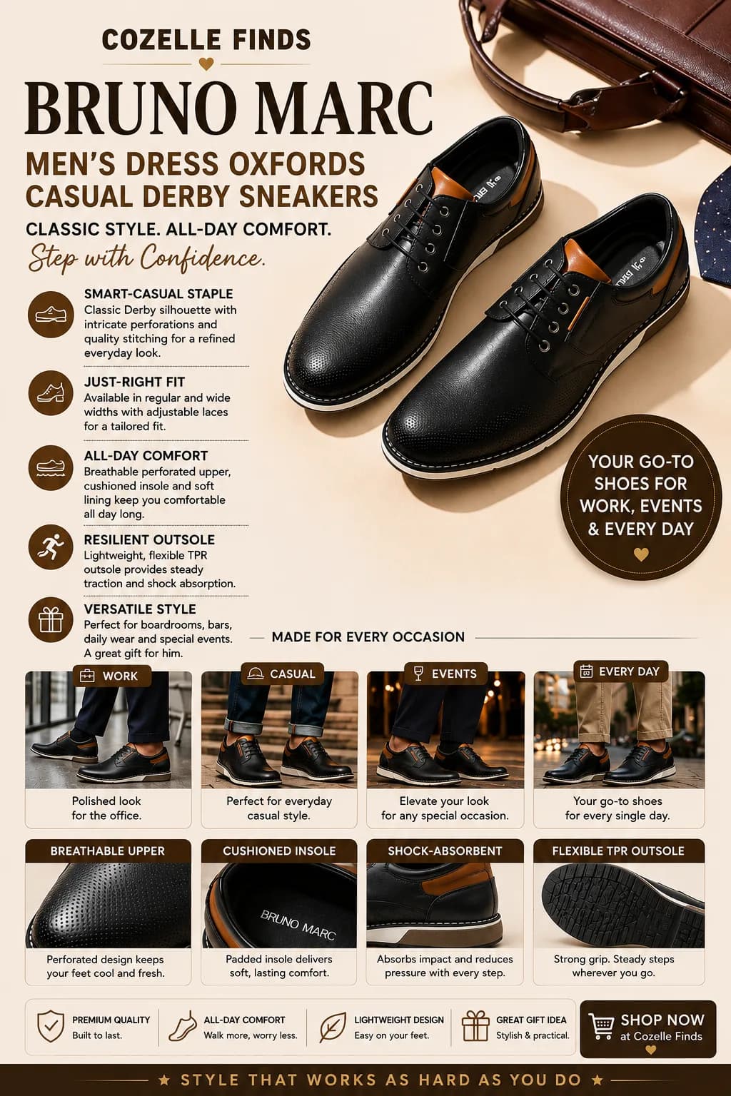 A versatile Derby-inspired shoe for work, events, weddings, and everyday wearβwith breathable construction, cushioned comfort, and a flexible outsole.