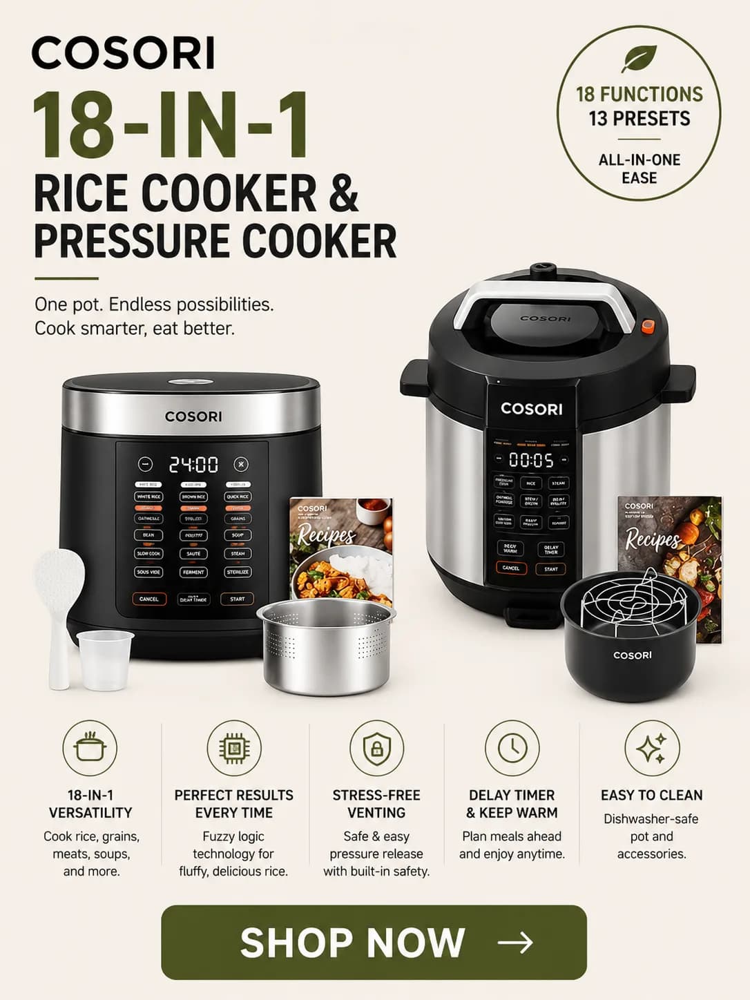 Simplify everyday cooking with the COSORI multifunction cooker. Choose from different rice and texture options, oatmeal and grain settings, plus pressure cooking, slow cooking, steaming, sautΓ©ing, fermenting, sous vide, and more. Fuzzy logic technology precisely controls temperature throughout the 6-step rice cooking process, while the real-time progress bar lets you monitor cooking at a glance. π SHOP NOW & Bring More Cooking Options to Your Kitchen!