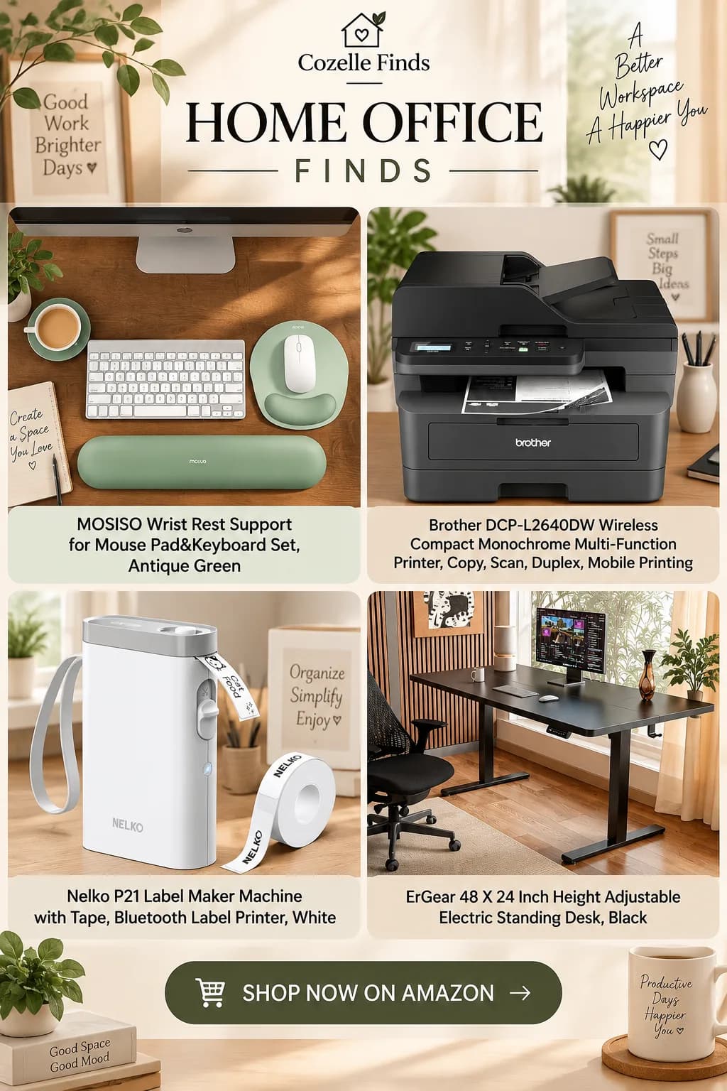 Discover these Home Office Finds featuring MOSISO Wrist Rest Support, Brother DCP-L2640DW Wireless Compact Monochrome Multi-Function Printer, Nelko P21 Label Maker Machine, and ErGear 48 X 24 Inch Height Adjustable Electric Standing Desk. SHOP NOW — CHECK THE LINK IN BIO OR COMMENTS!