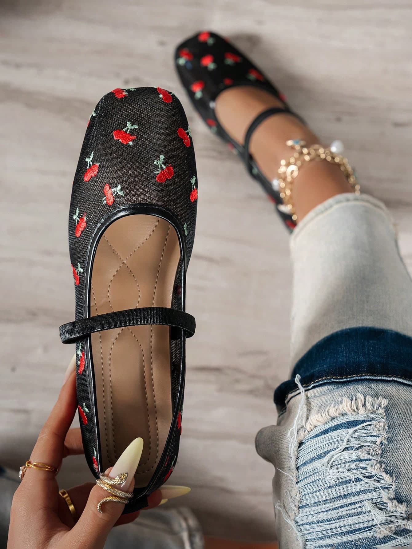 New Mesh Embroidered Cherry Flat Shoes For Women, Fashion Comfortable Hollow Breathable Mary Jane Ballet Shoes, Slip-On Loafers Casual Flat Shoes For Daily Commute, Summer Shoes, Mothers Day Gift