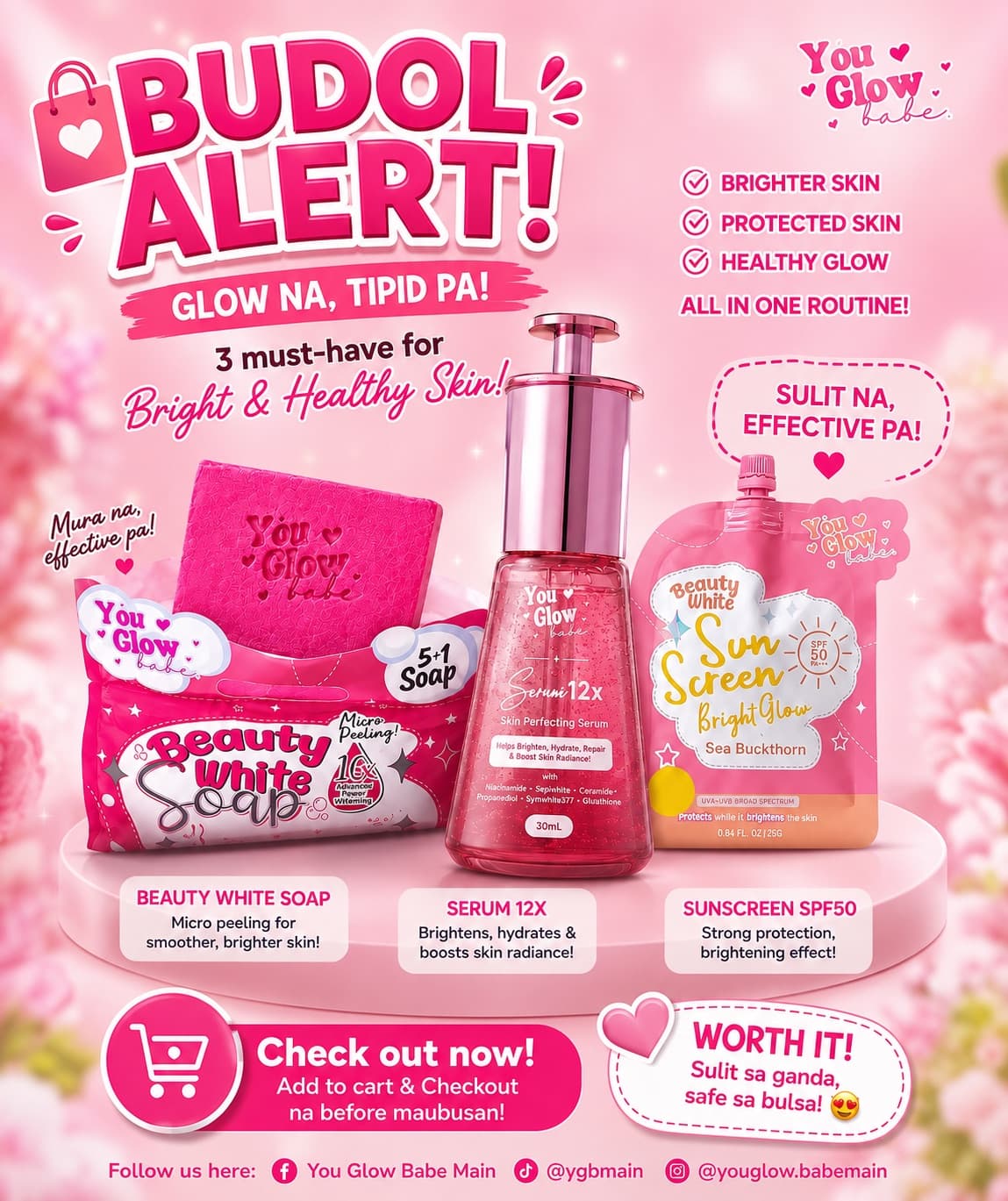 โจ BUDOL ALERT! ๐๏ธ๐ Glow na, tipid pa! ๐ 3 must-haves for that bright, fresh & healthy-looking glow! โจ ๐งผ Beauty White Soap ๐ Serum 12X โ๏ธ Sunscreen SPF50 Sulit na, effective pa! Perfect pang-daily skincare routine. ๐