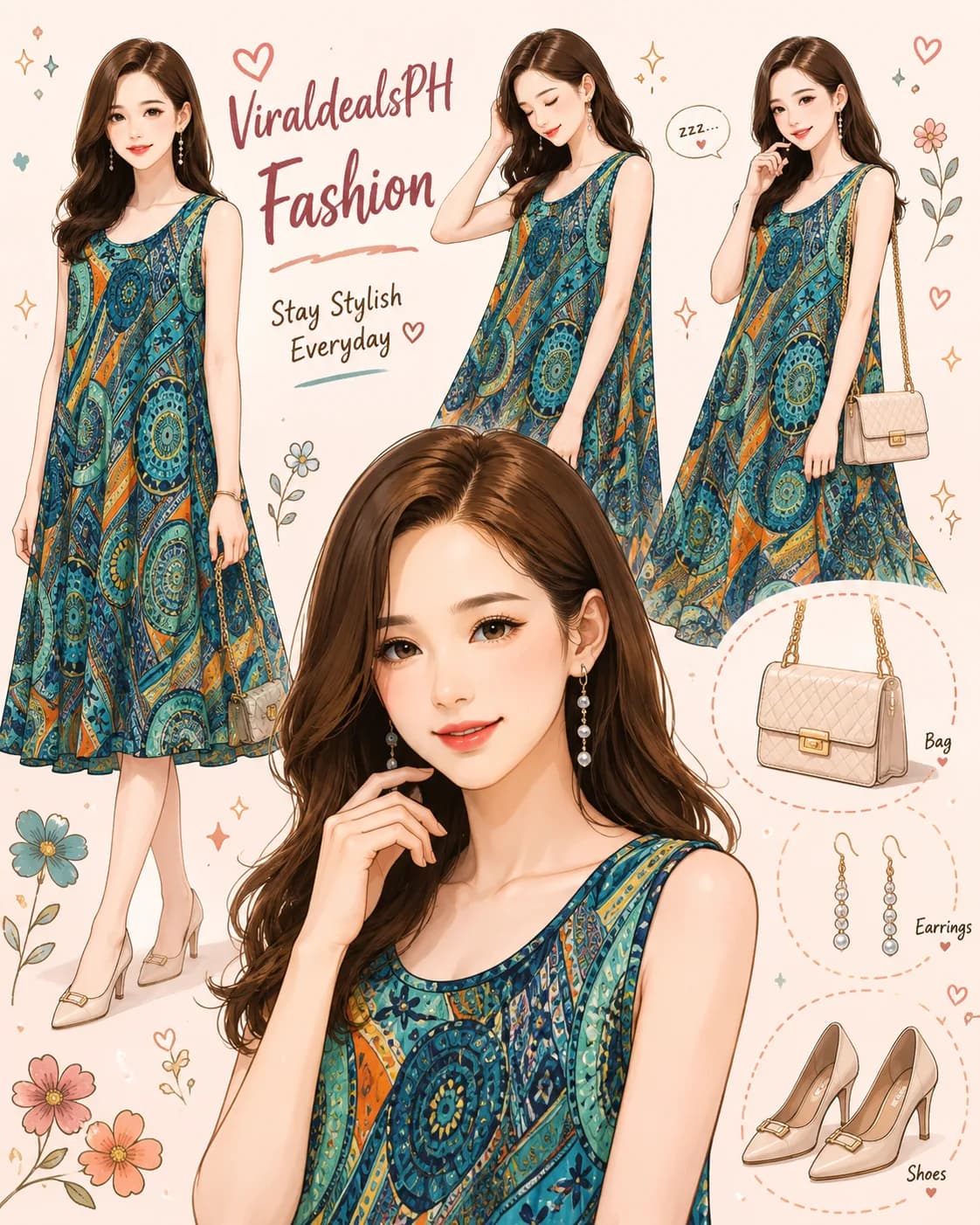 FunnyeS Dress For Women Casual Floral Sleeveless Midi Dress Round Neck Printed Loose Hem 6017-06 Color: 08