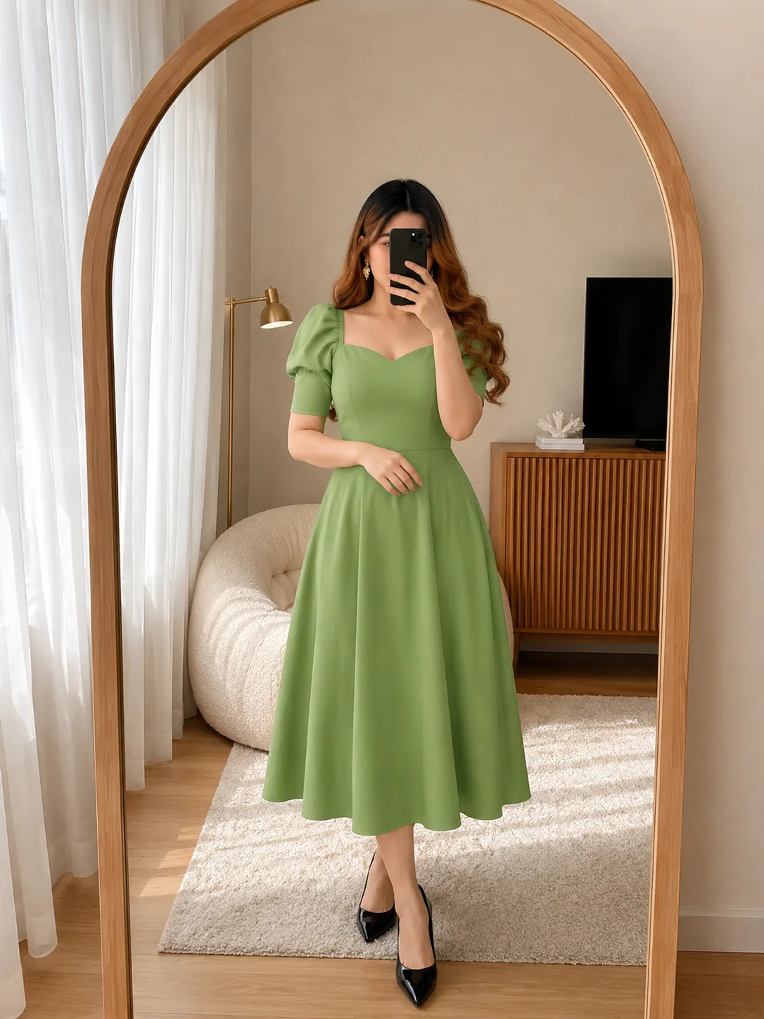 Woman Elegant Long Dress Solid Color Round Neck Sweetheart Neck Puff sleeves Dress