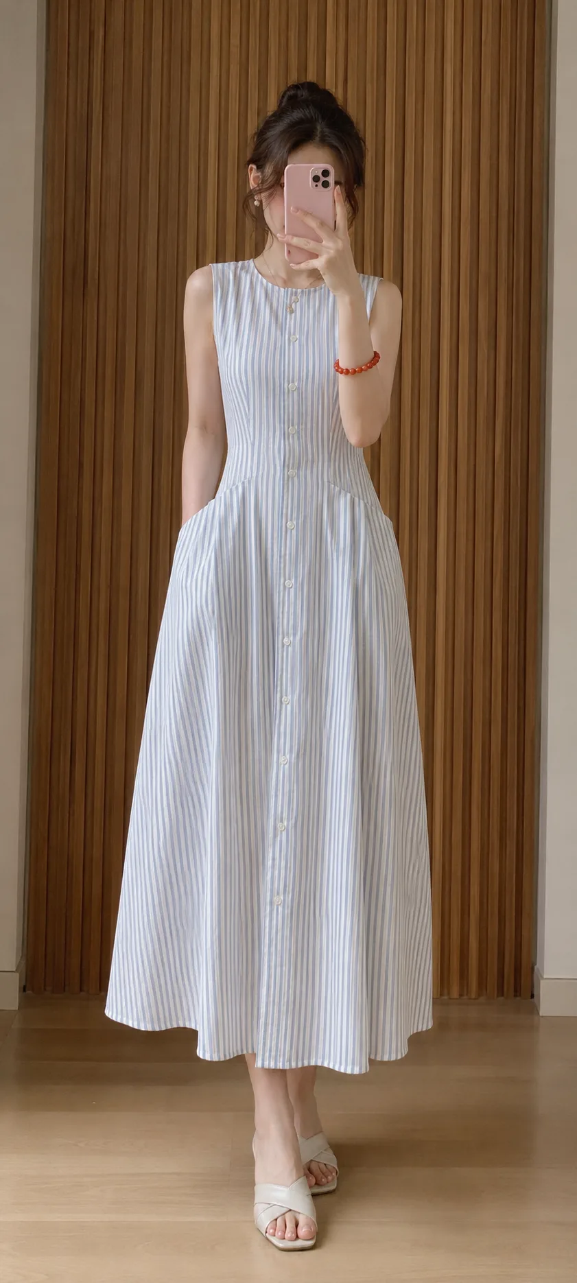 Striped maxi dress with round neck and shrug pockets HT821, with real photo