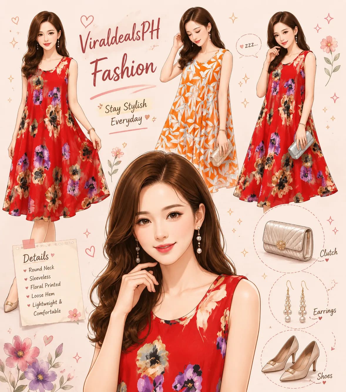 FunnyeS Dress For Women Casual Floral Sleeveless Midi Dress Round Neck Printed Loose Hem 6017-06 Color: 08