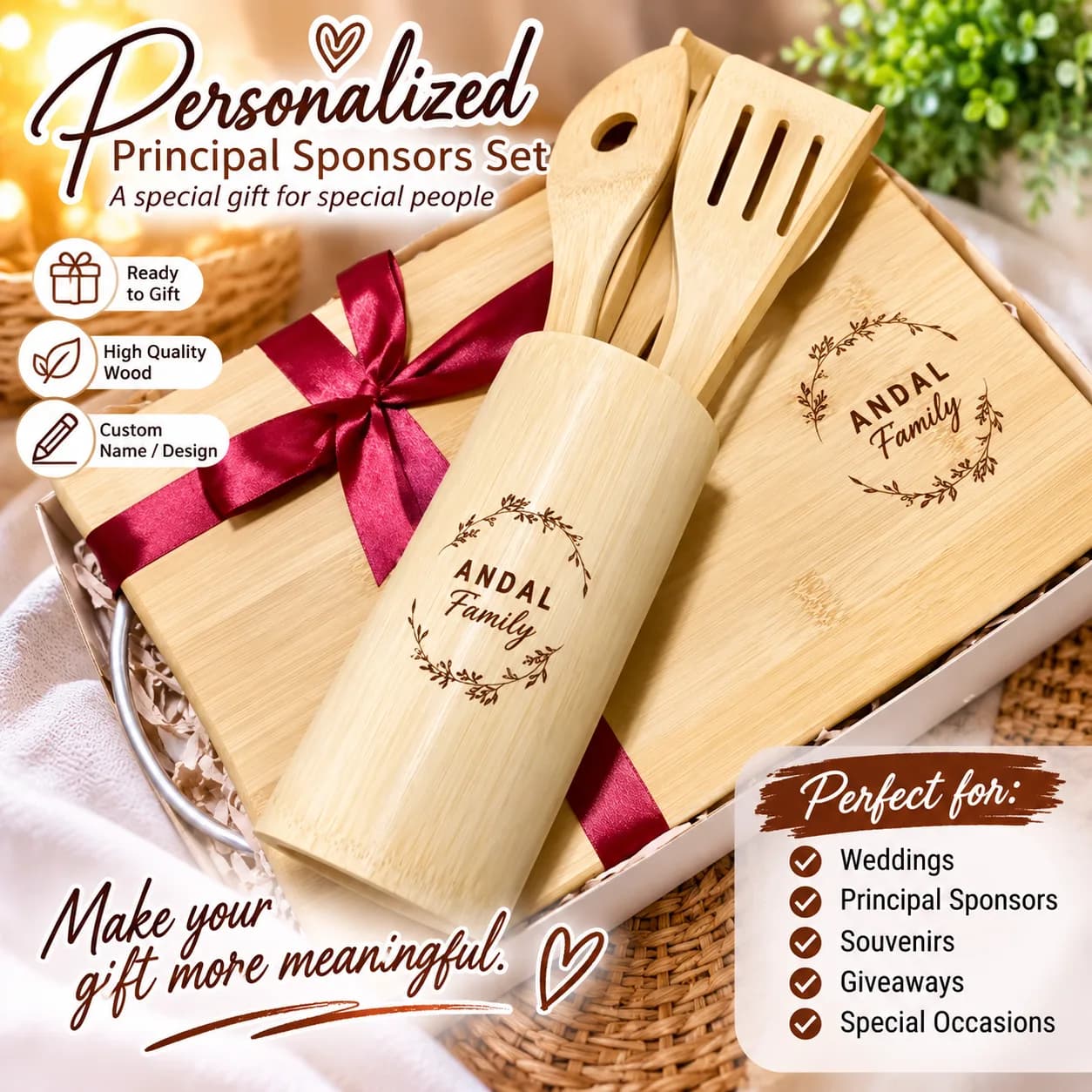 Naghahanap ka pa rin ng classy at meaningful gift para sa principal sponsors? π€ Hindi kailangang ordinaryong souvenir lang. Gawin mong personal at memorable ang iyong thank-you gift gamit ang Personalized Principal Sponsors Gift Set. π Personalized name/design πΏ Premium-looking bamboo set β¨ Elegant gift presentation π Useful at memorable keepsake Perfect for weddings, principal sponsors, souvenirs, giveaways, birthdays at special occasions. Dahil ang taong naging parte ng special day mo, deserve din ng special na regalo. π€