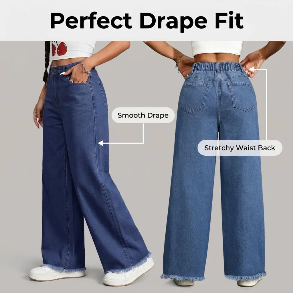 Trendy and comfy jeans perfect for everyday styling! Featuring a high-waist fit, wide-leg silhouette, and raw-edge hem for a relaxed yet stylish look. Easy to pair with crop tops, blouses, tees, or sneakers.