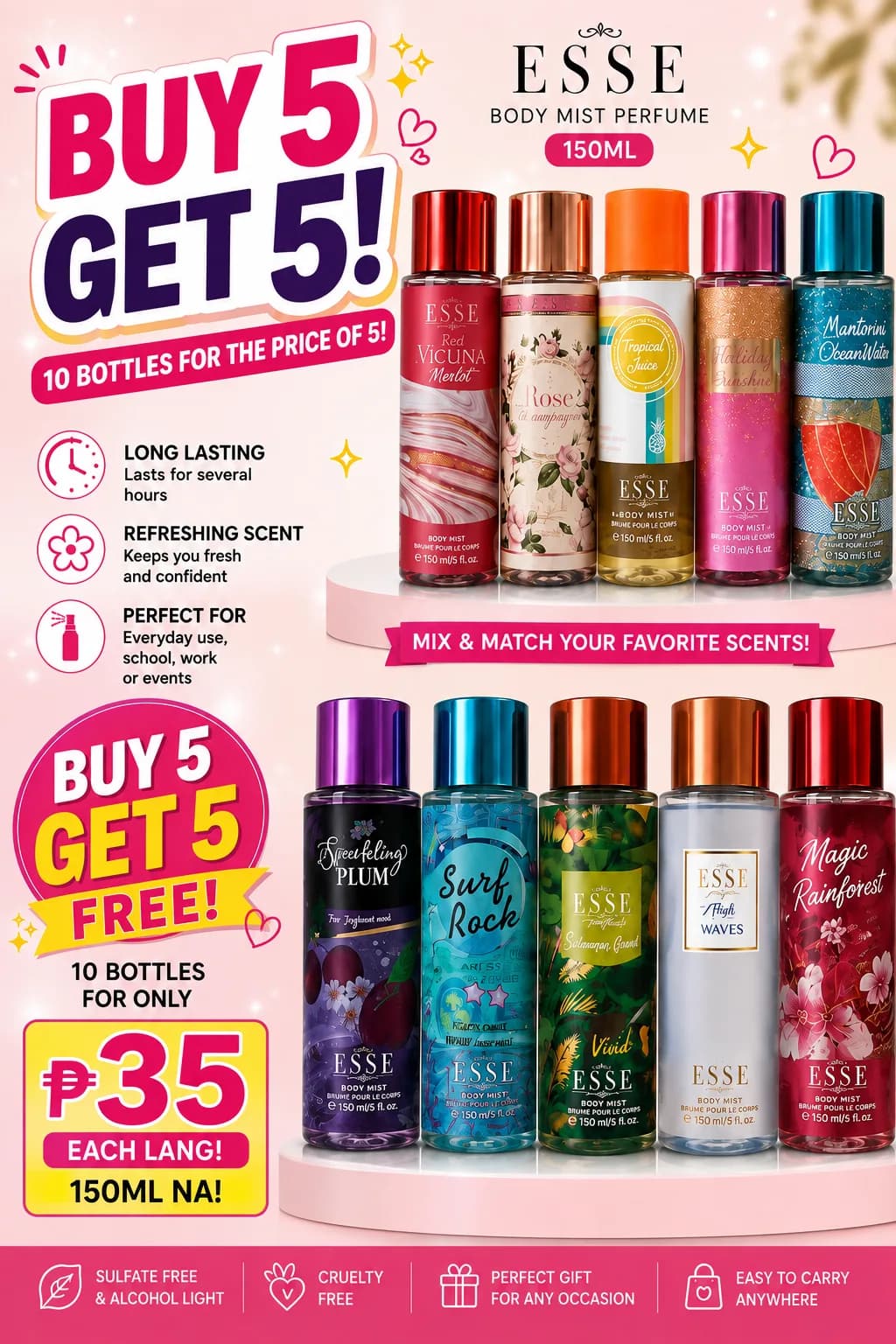 🔥 BUY 5, GET 5 FREE! ✨ 10 bottles for the price of 5 ✨ 150ML bawat bottle ✨ Maraming scents na pagpipilian