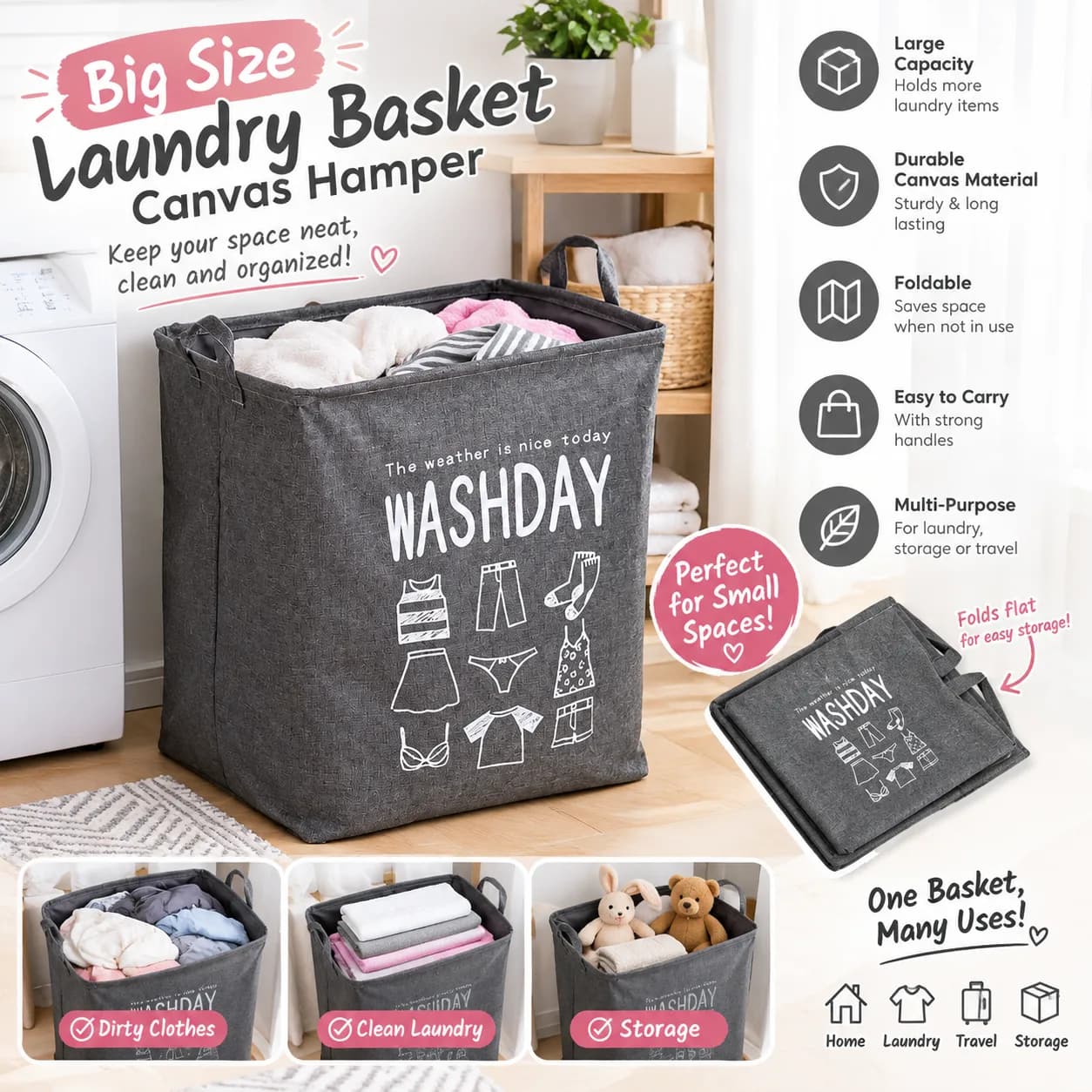 Gusto mo ng malinis at organized na bahay pero ang labada mo may sariling buhay. ๐๐งบ This BIG SIZE laundry basket can help keep your laundry, towels, toys & other stuff in one place. โจ Spacious + foldable + easy to carry = mom-approved! ๐ค ๐ Check it out through my link!