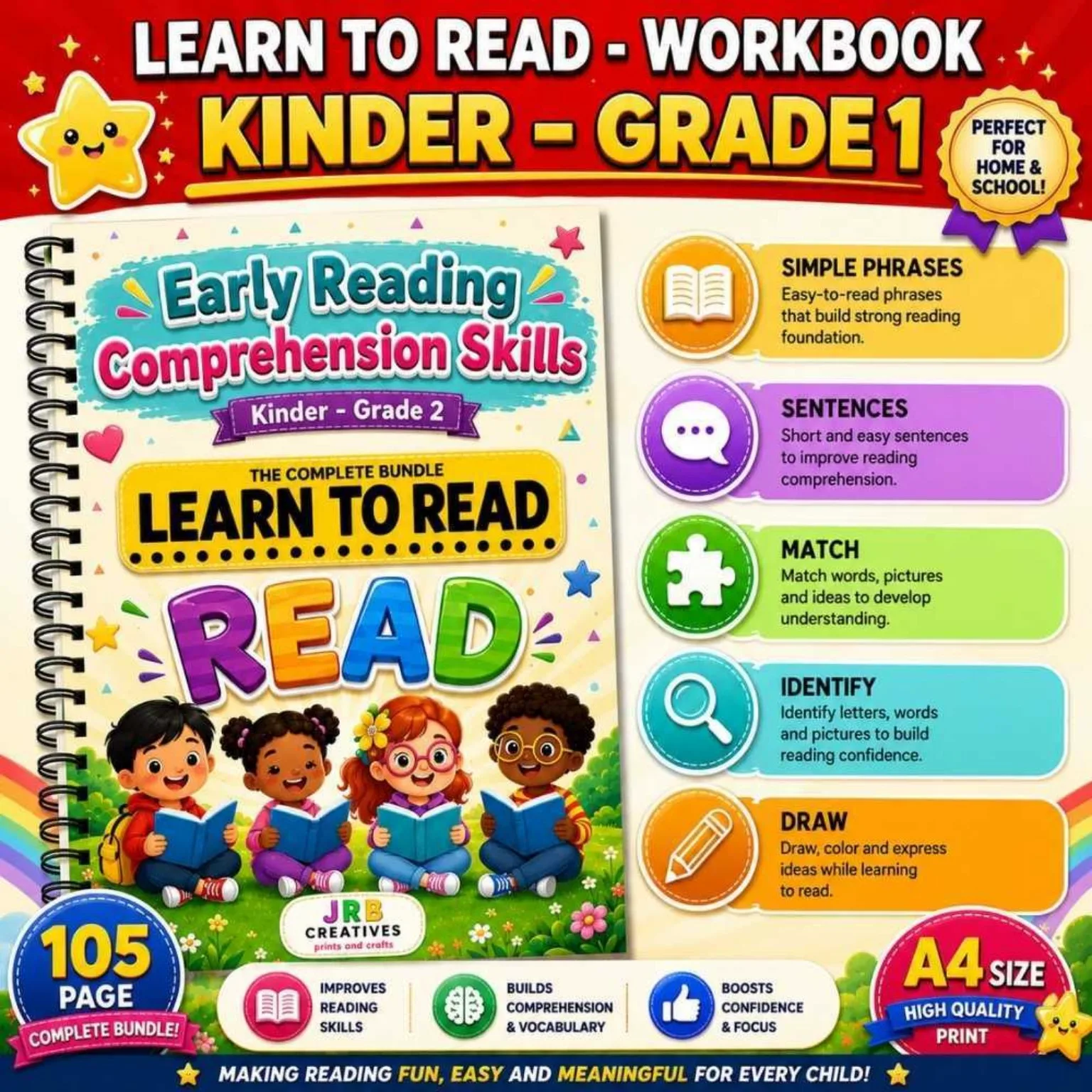 Help your child become a confident reader! 🌟 Make phonics and reading practice fun with engaging worksheets that build: ✅ Phonics ✅ Reading Fluency ✅ Vocabulary ✅ Reading Comprehension ✅ Writing Skills Perfect for Kindergarten to Grade 2 learners, homeschooling, and classroom activities.