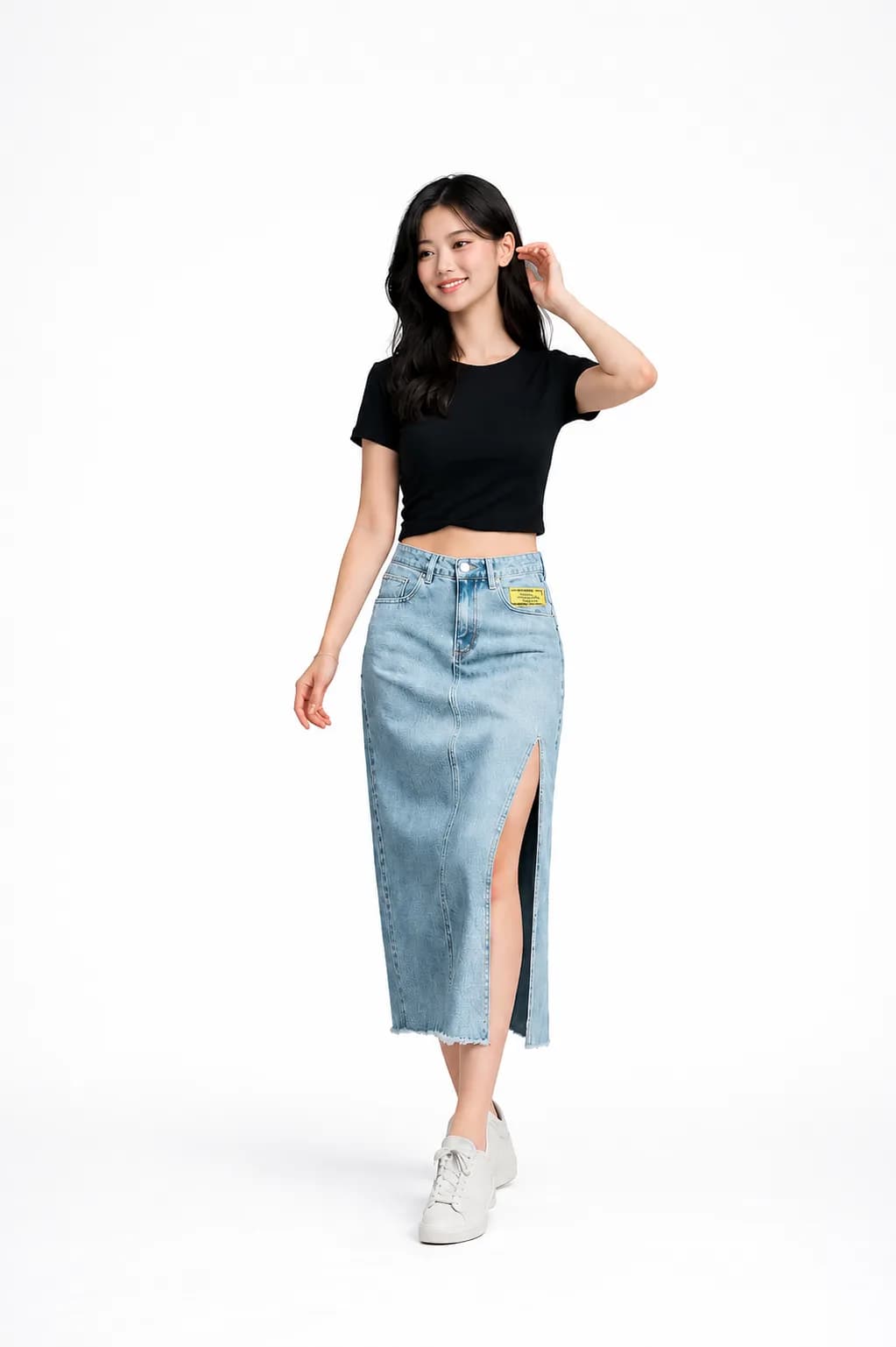 Korean high waisted knee lenght A line long slit skirt