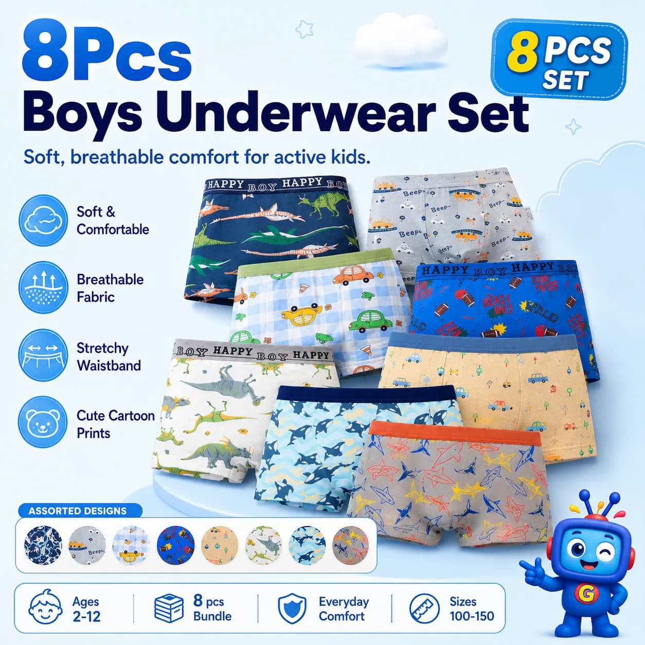Keep everyday wear comfy with this 8-piece boys underwear set featuring soft breathable fabric, stretchy waistbands, and fun cartoon prints. Great for school days, playtime, sleepwear, and daily use. Multiple designs in one practical bundle.