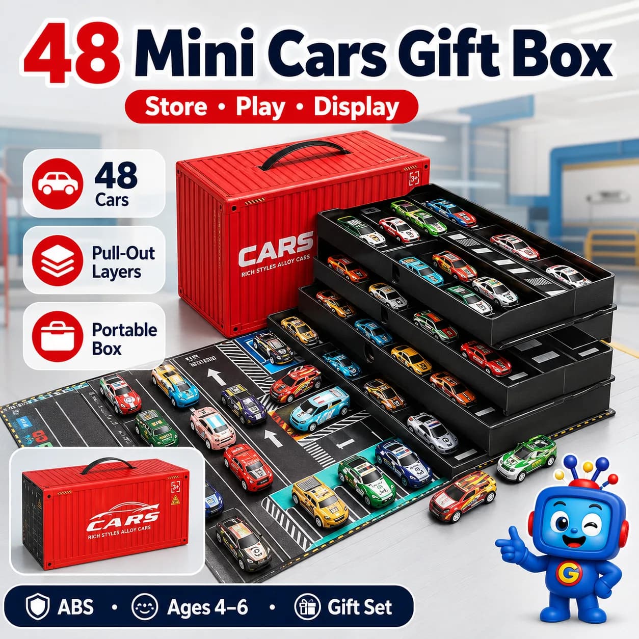 A fun all-in-one car set for kids who love racing, collecting, and imaginative play. Includes 48 mini pull-back cars with a portable container-style storage box and pull-out display layers. Easy to store, carry, organize, and play with at home or on the go. Recommended for ages 4–6.