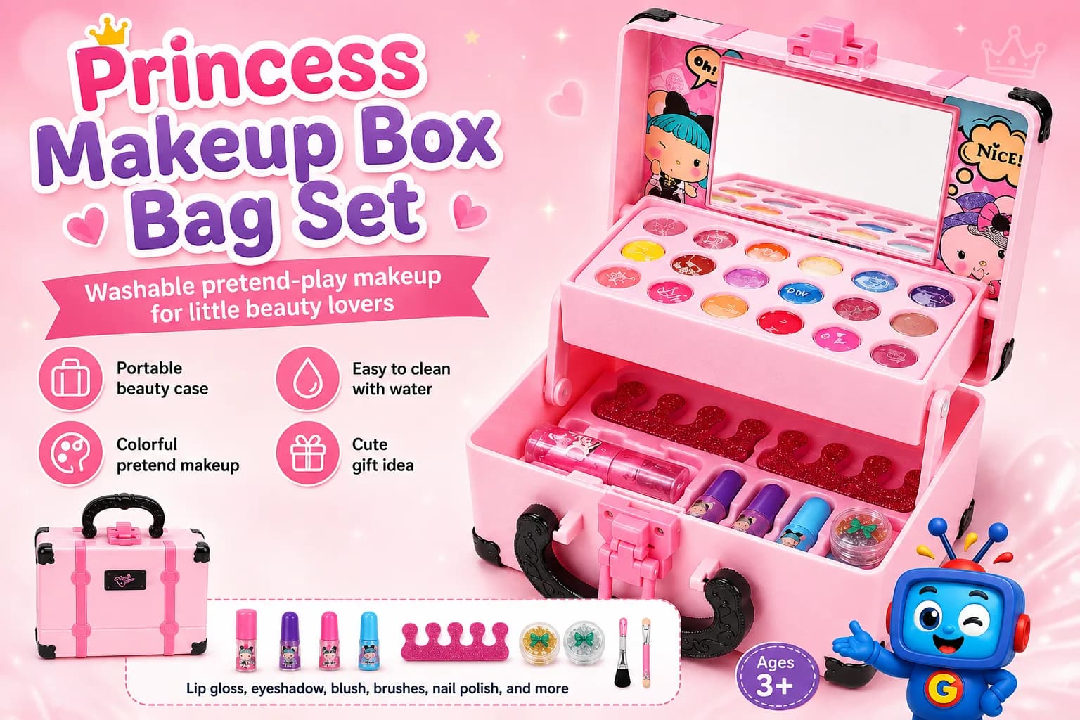Let little ones enjoy creative pretend play with this colorful Princess Makeup Box Bag Set. ๐ Comes with lip gloss, eyeshadow, blush, brushes, nail polish, lipstick, nail accessories, and more, all packed in a cute portable beauty case. Designed for easy clean-up with water and perfect for dress-up, role play, birthdays, and gift giving. Recommended for ages 3+.