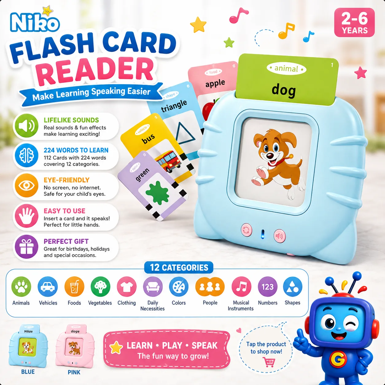 Make early learning fun with 112 double-sided talking flashcards featuring 224 words, lifelike sounds, and screen-free play. Easy for toddlers to use and available in blue or pink.