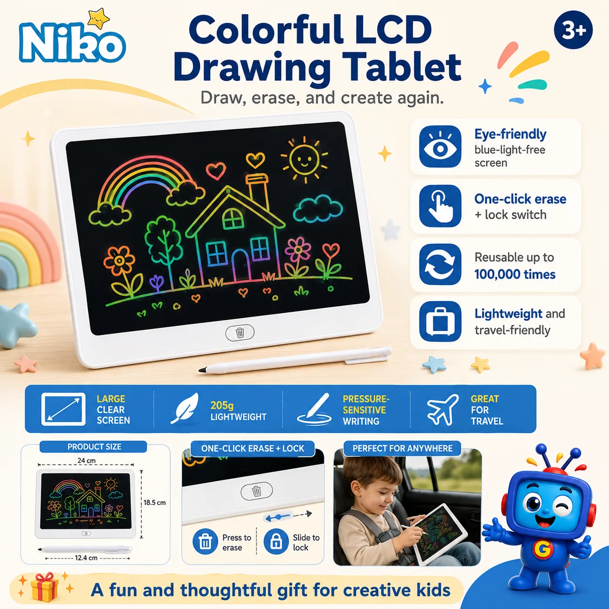 Draw, erase, and create again with this lightweight LCD writing tablet. It features colorful pressure-sensitive lines, one-click erase, a screen lock, rounded corners, and a portable design for home, school, travel, and quiet play.