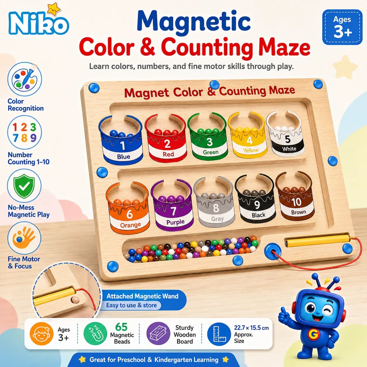 Move 65 colorful magnetic beads into the matching numbered paint cans while practicing colors, counting, focus, and fine motor skills. The sturdy wooden board includes an attached magnetic wand for easy, mess-free learning.