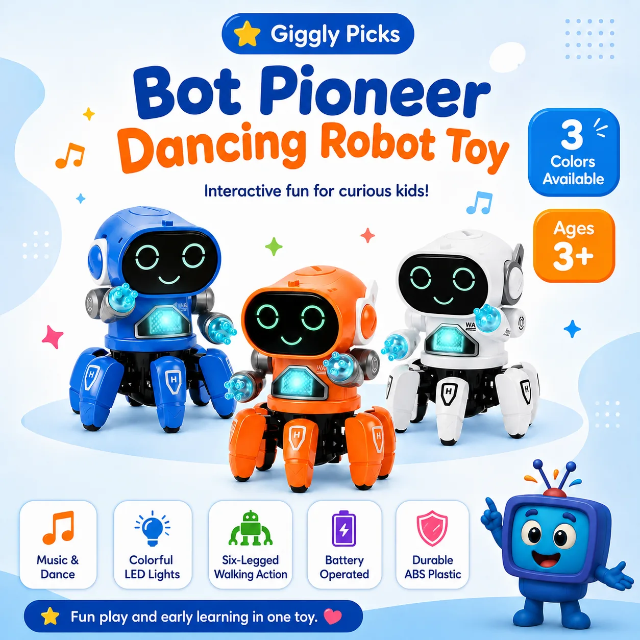 Bring home fun, lights, music, and movement with the Bot Pioneer Six-Legged Dancing Robot Toy. This cheerful interactive robot walks, turns, moves its arms, plays music, and flashes colorful LED lights while children enjoy active and imaginative play. Made from durable ABS plastic with smooth edges, it is suitable for children ages 3 years and above. Available in blue, orange, and white. A fun gift choice for birthdays, holidays, and other special occasions. Batteries are usually not included. Please check the product listing for the exact battery requirement before ordering.