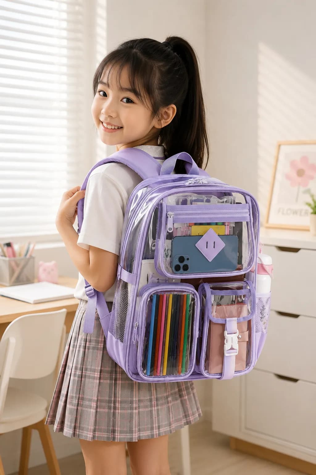 Looking for a school bag that keeps things organized and easy to see? 🎒✨ This transparent backpack has a large-capacity design with multiple compartments, making it easy to carry school supplies, gadgets, and everyday essentials. Perfect for students, school days, and sports activities. 💜