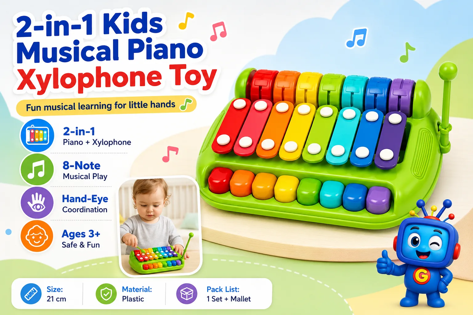 Make music time more fun and educational with this colorful 2-in-1 piano and xylophone toy. Designed for kids ages 3+, it helps support hand-eye coordination, color recognition, musical exploration, and fine motor skills through hands-on play. A fun learning toy and gift idea for young children.