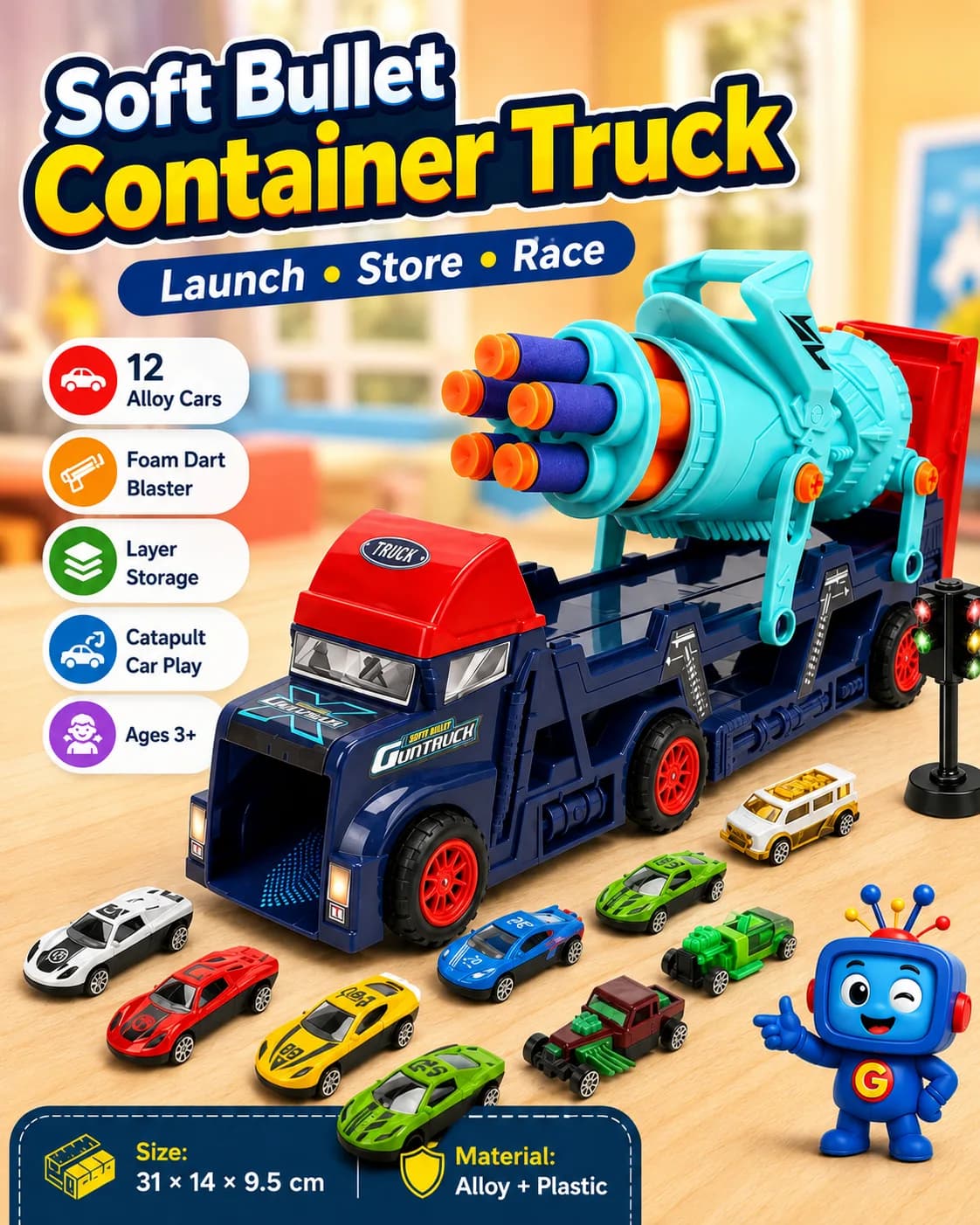 Turn playtime into an action-packed adventure with this multifunction container truck. Kids can launch soft foam darts, race and catapult alloy cars, then store the cars neatly in the truck. A fun choice for imaginative play, hand-eye coordination, and vehicle-loving kids ages 3+.