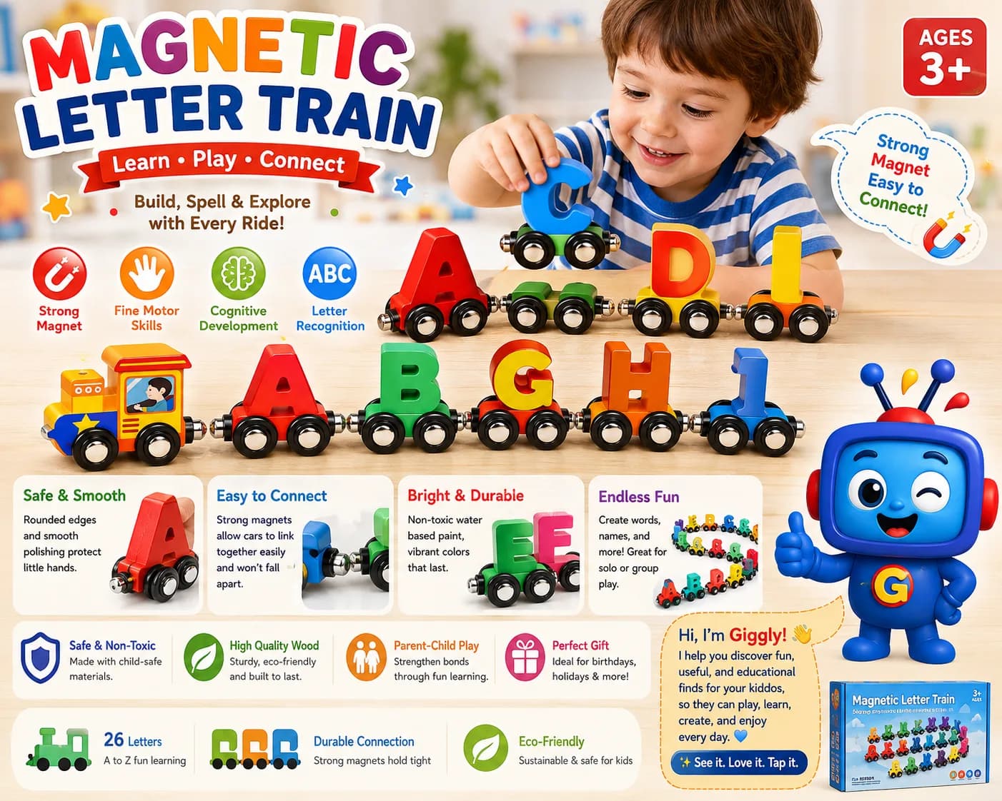 Connect, build, and learn with 26 colorful magnetic letter train cars. This educational wooden toy supports alphabet recognition, spelling, fine motor skills, and imaginative play for children ages 3 and above.
