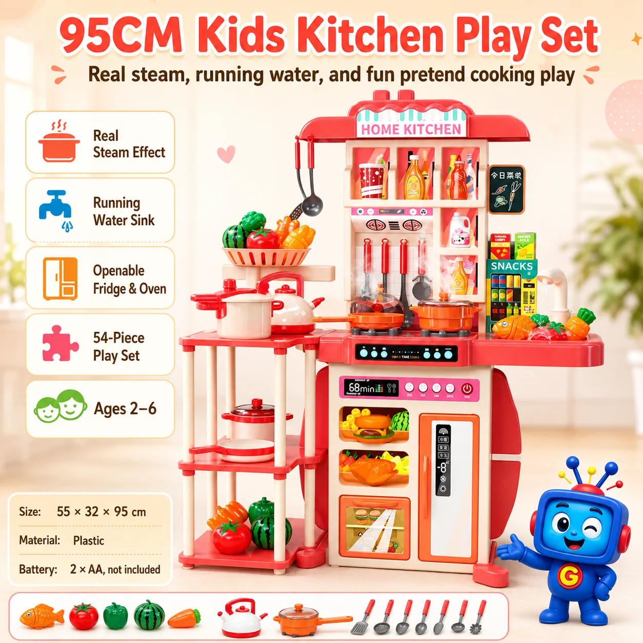 Make pretend cooking more exciting with this large 95CM kids kitchen play set. It features a realistic steam effect, running water sink, openable fridge and oven, cooking accessories, play food, and storage areas. A fun role-play toy that encourages imagination, creativity, hand-eye coordination, and everyday life skills. Suitable for kids ages 2โ6.