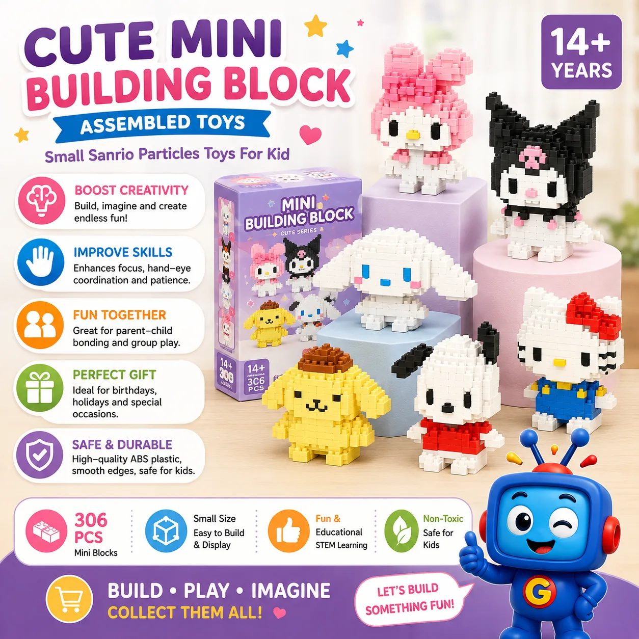 Build and display adorable mini characters with colorful nano blocks. A fun creative set that supports focus, patience, hand-eye coordination, and imaginative play for ages 14 and above.