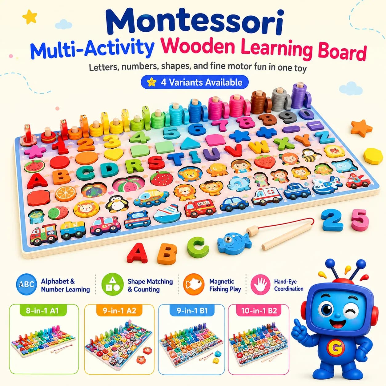 A colorful wooden learning board with letters, numbers, shapes, stacking pieces, matching activities, and magnetic fishing play. It supports early math, alphabet recognition, fine motor skills, hand-eye coordination, and creative learning.