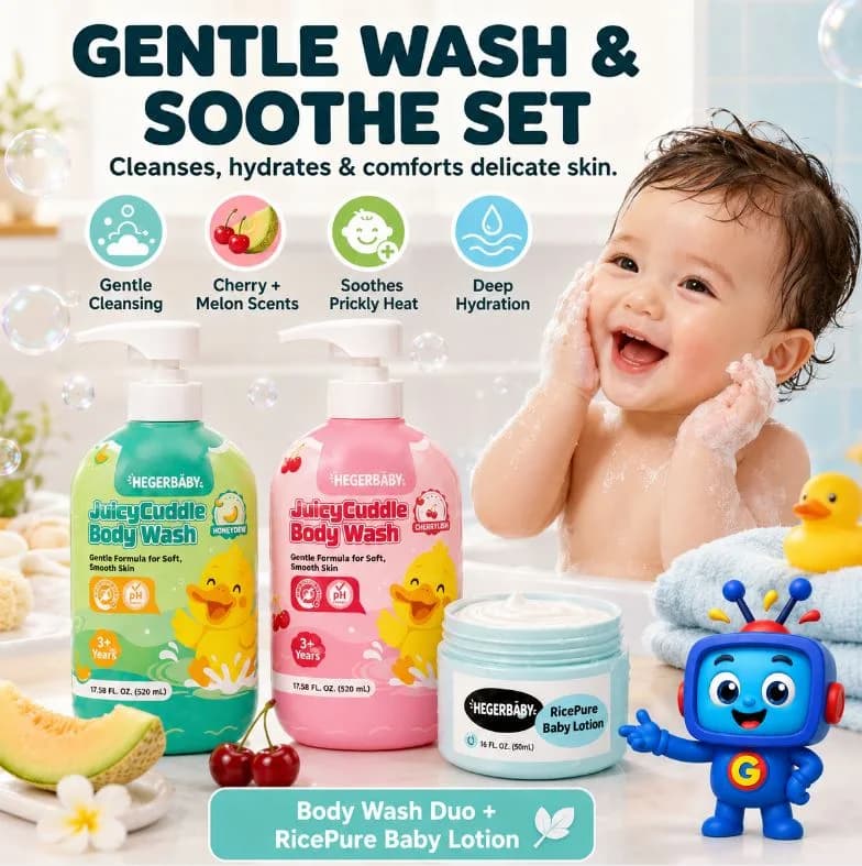 Make bath time fresh, gentle, and fun with Hegerbaby JuicyCuddle Body Wash in Cherry and Honeydew Melon scents, paired with RicePure Baby Lotion for added moisture and softness. A practical wash-and-moisturize set for everyday kids’ skin care. Body wash is suitable for ages 3+.