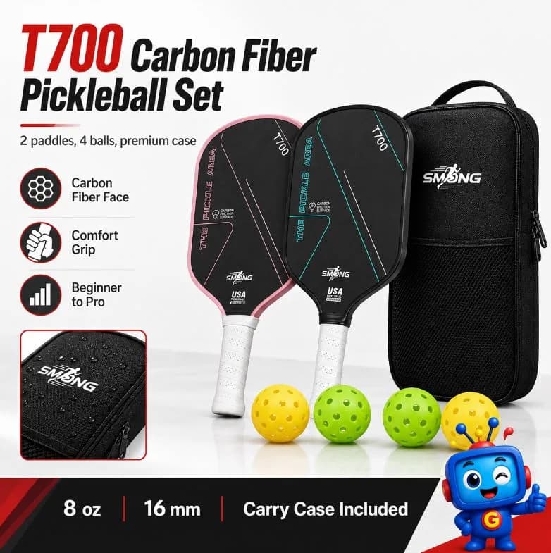 Level up your game with a complete T700 carbon fiber pickleball set built for both beginners and experienced players. Includes 2 paddles, 4 pickleballs, and a convenient carry case. Designed with a comfortable grip, durable carbon fiber surface, and balanced 16 mm profile for better control during every match.