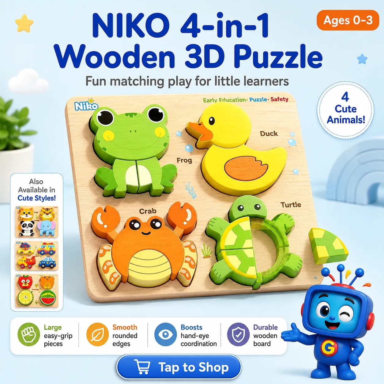 Make learning more fun with this colorful NIKO 4-in-1 Wooden 3D Puzzle. Kids can match and assemble the chunky puzzle pieces while practicing hand-eye coordination, problem-solving, shape recognition, and fine motor skills. Smooth rounded pieces are easy for little hands to hold. A fun learning activity for playtime at home. 💙