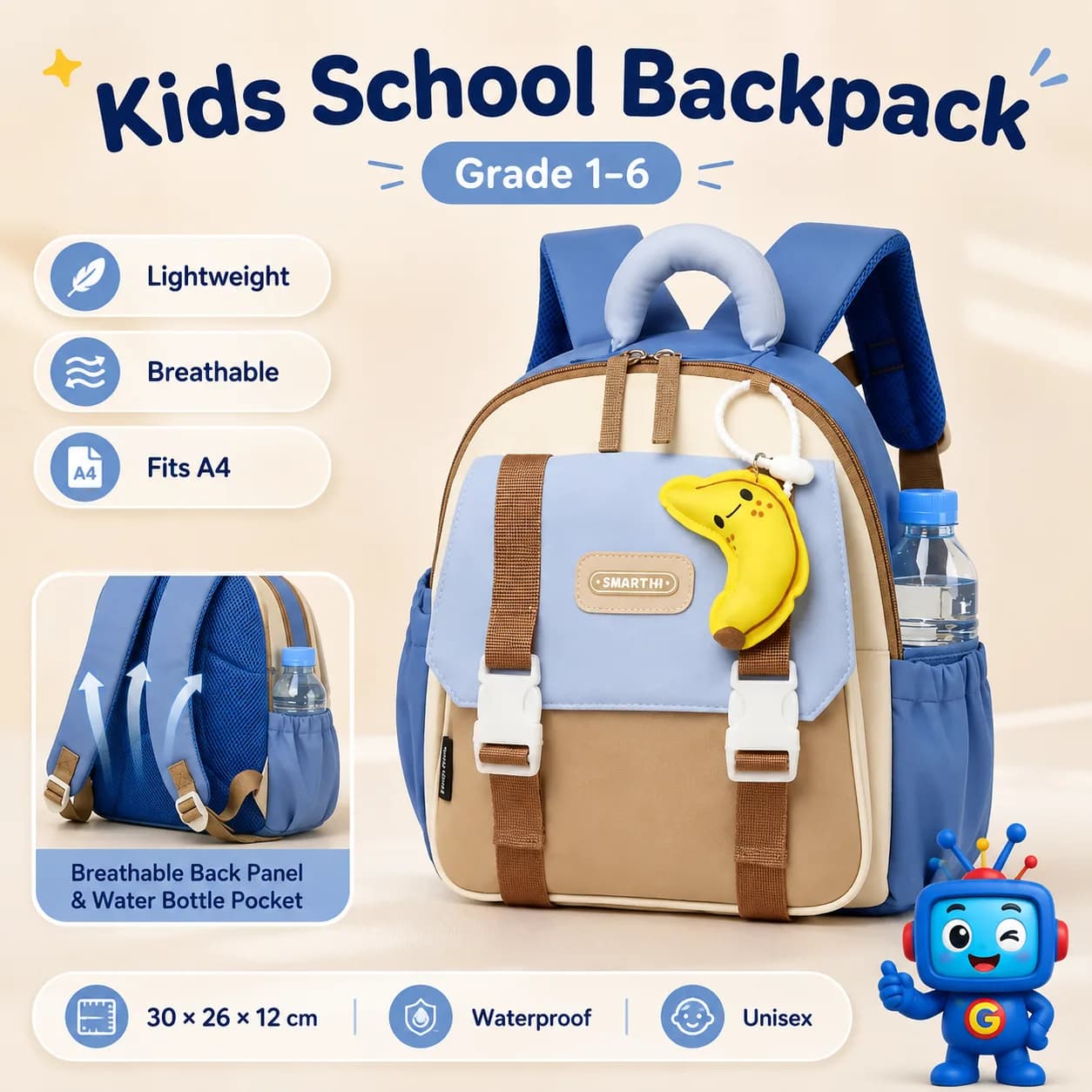 A cute and practical school backpack made for everyday classes, outings, and school essentials. Features a lightweight design, breathable back panel, roomy A4-size compartment, side water bottle pocket, and comfortable shoulder straps. Finished with a playful fruit charm for an extra cute touch. Size: 30 × 26 × 12 cm.